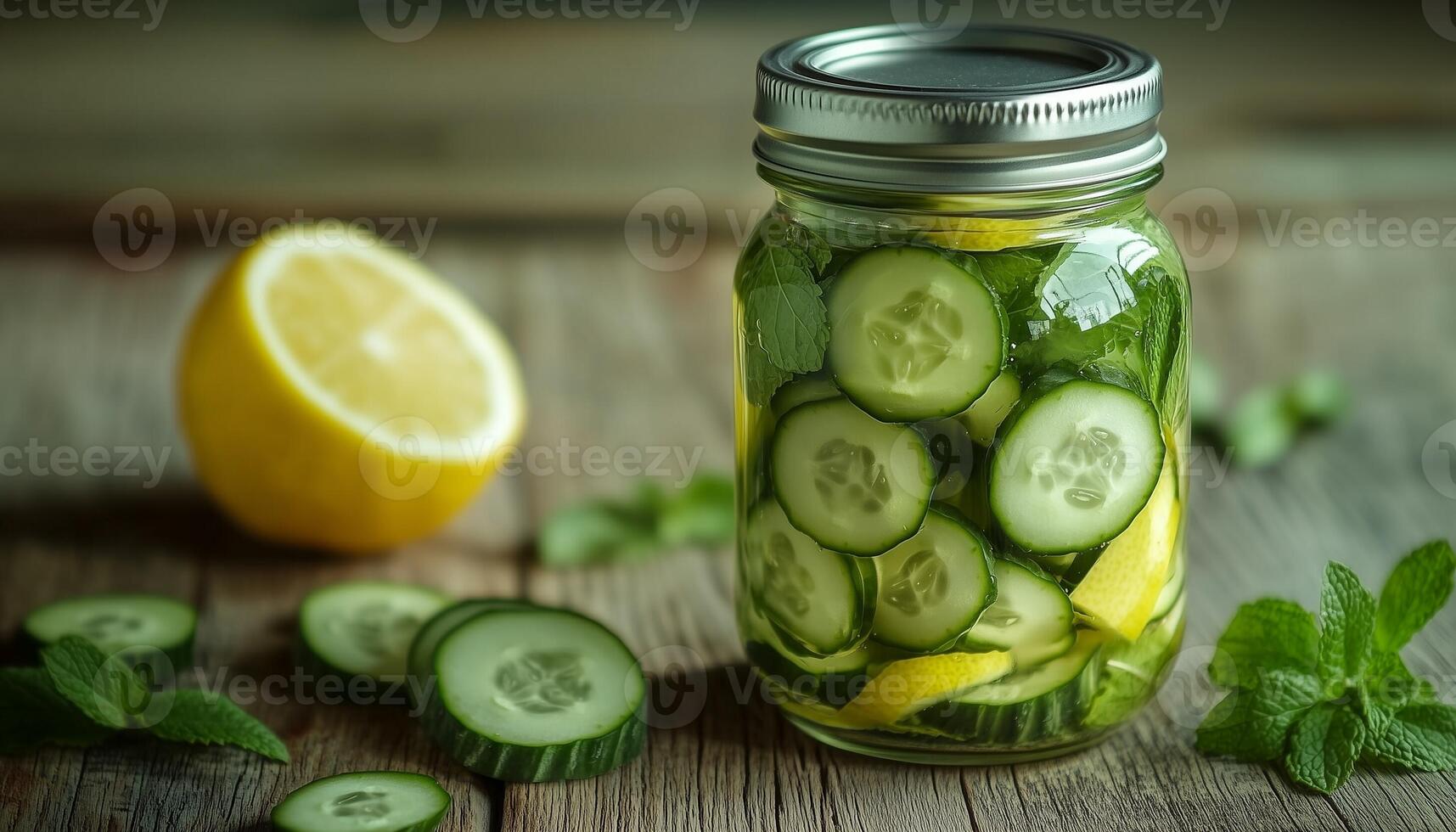 A glass jar filled with orange slices, mint and cucumber in wooden table photo