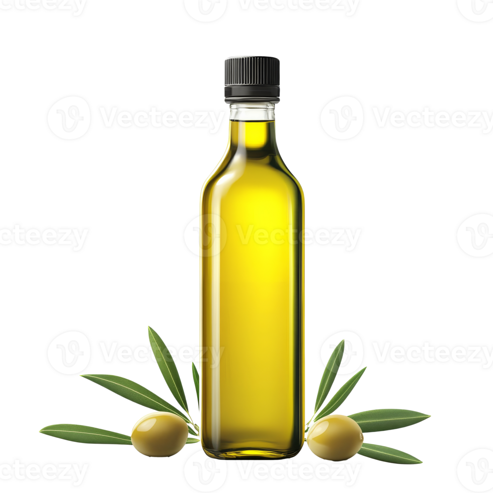 Olive oil bottle with olives and leaves transparent png