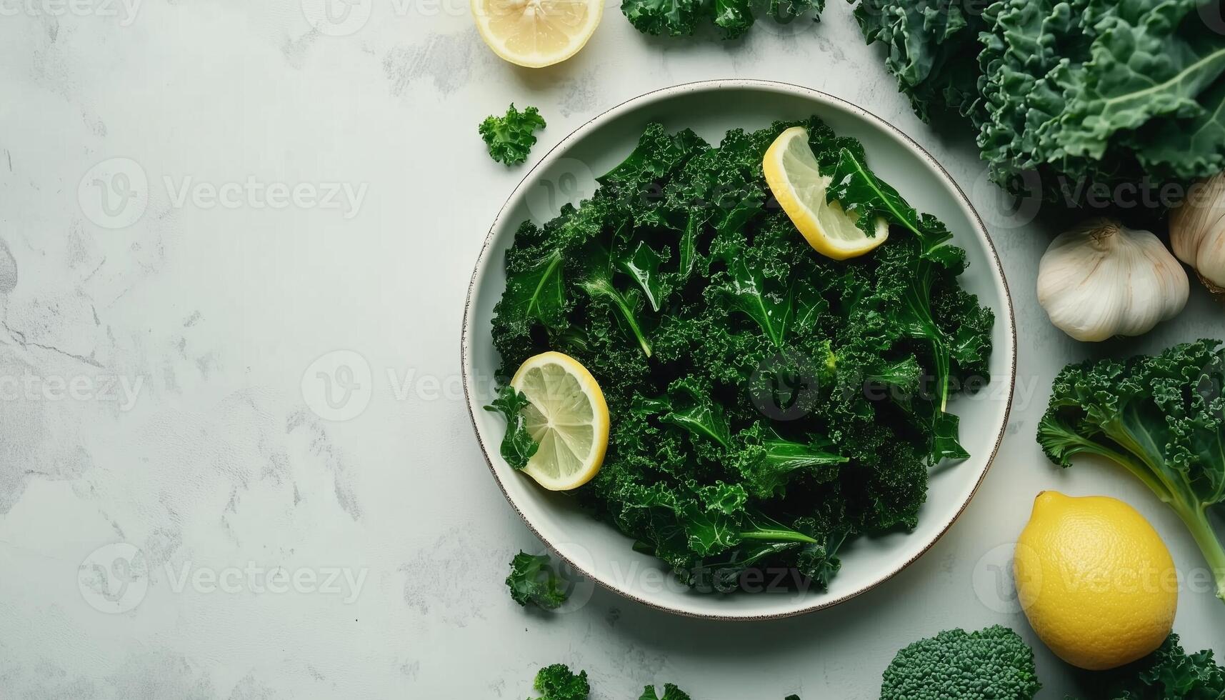 Vegetable kale, broccoli and lemon simple real food homemade copy space background photo