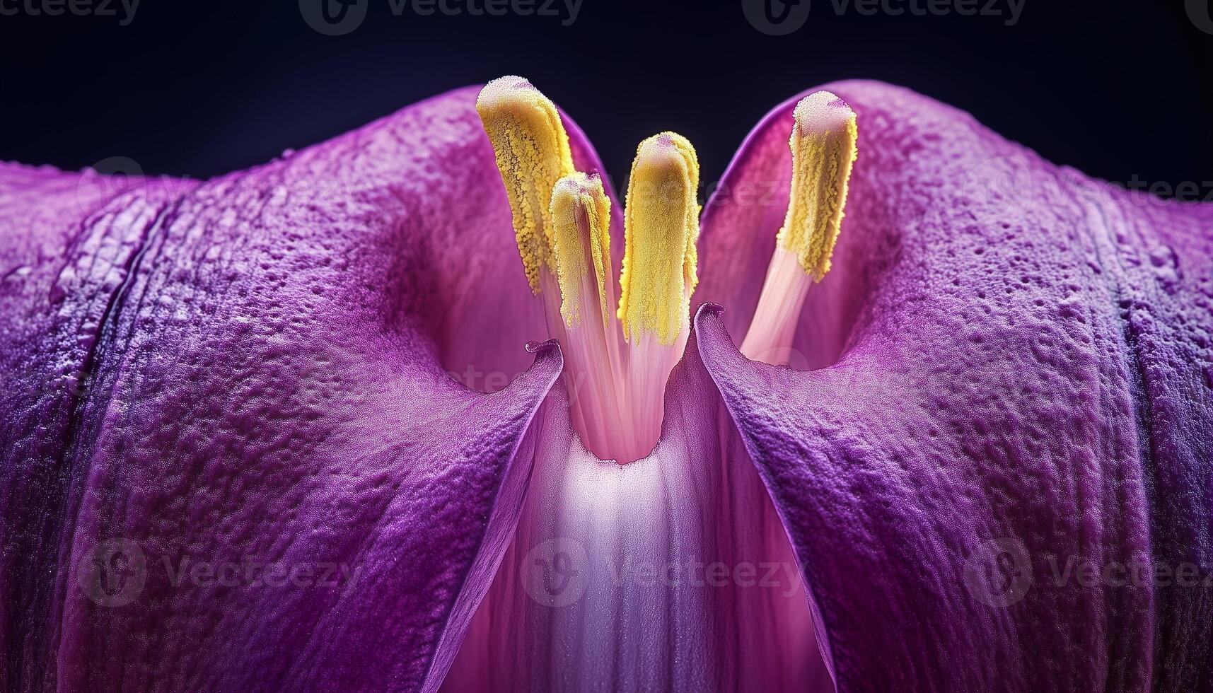 Purple lily flower extreme closeup macro photo detail foliage petal surface
