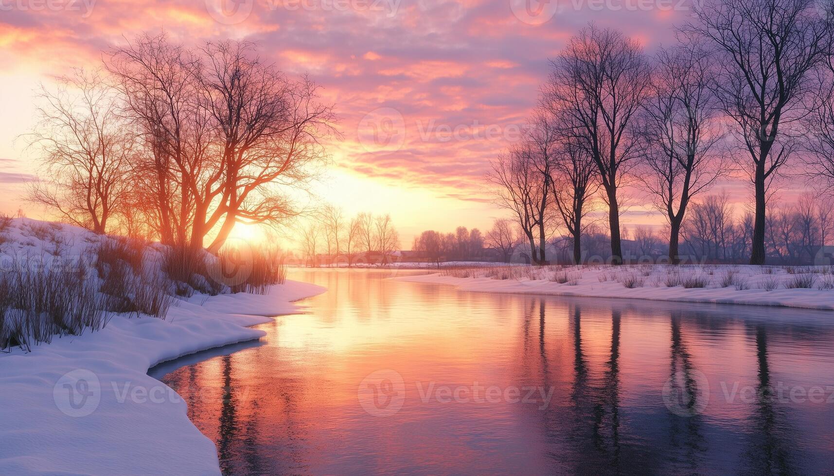 Winter sunset light beauty landscape in river covered snow photo