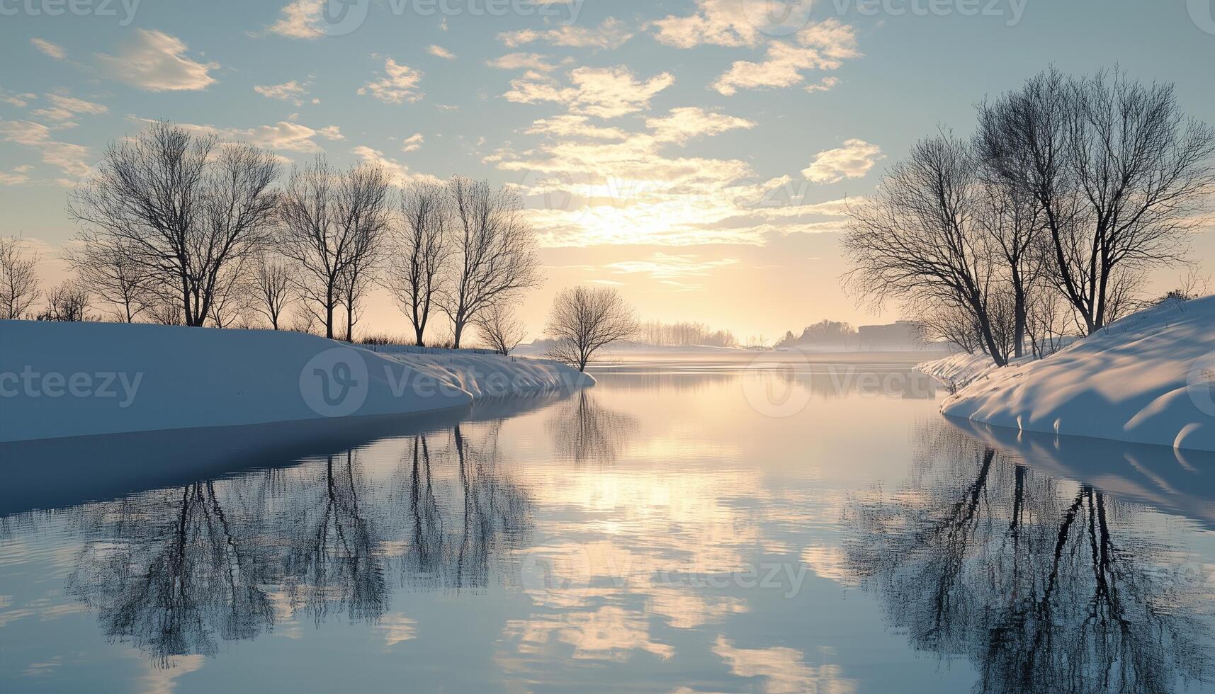 Winter landscape bright sky with river and trees covered by snow photo