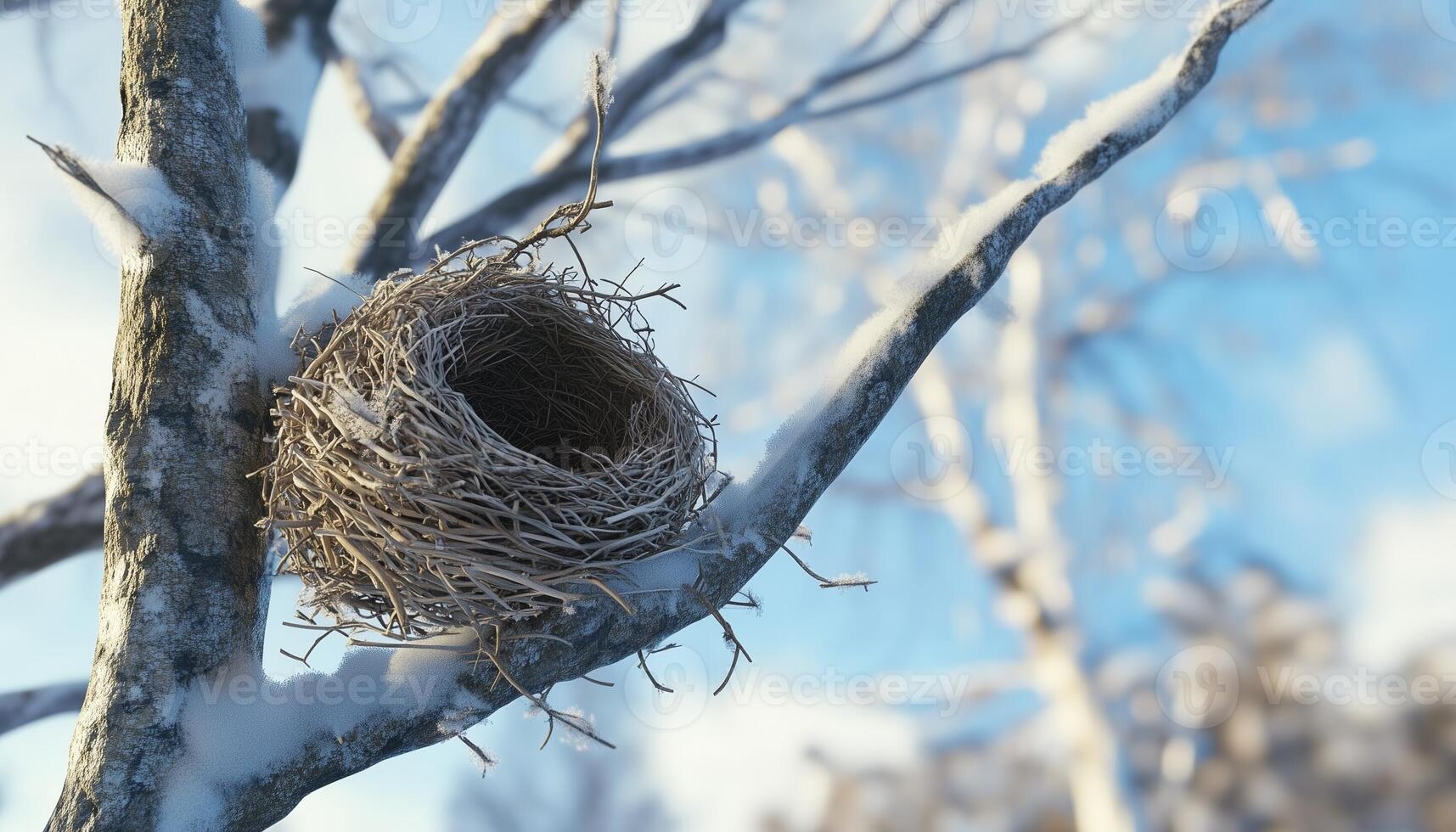 twig animal nest in tree new born house habitat with blue sky blurred background photo