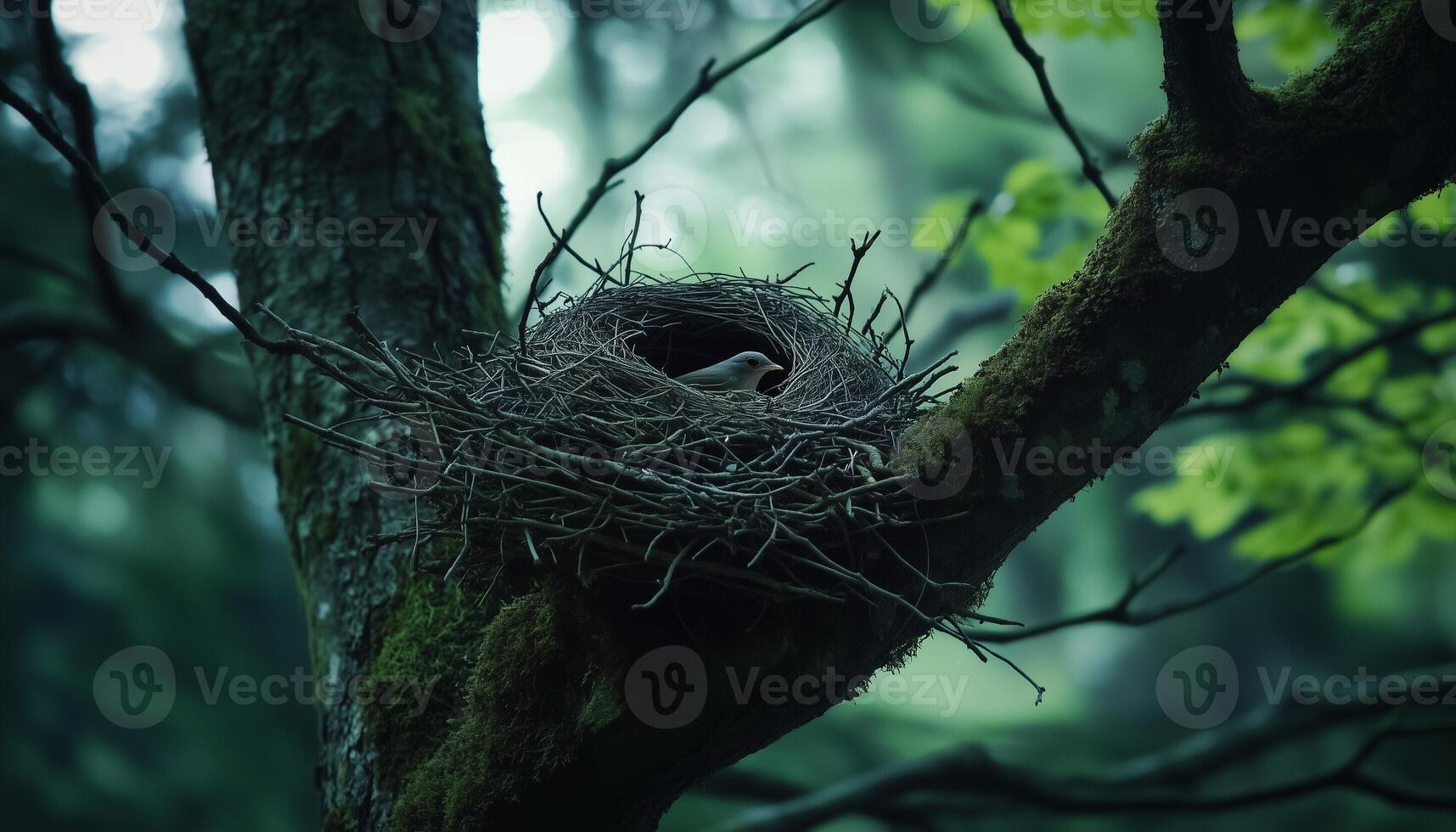 twig animal nest in tree new born house habitat with deep forest blurred background photo