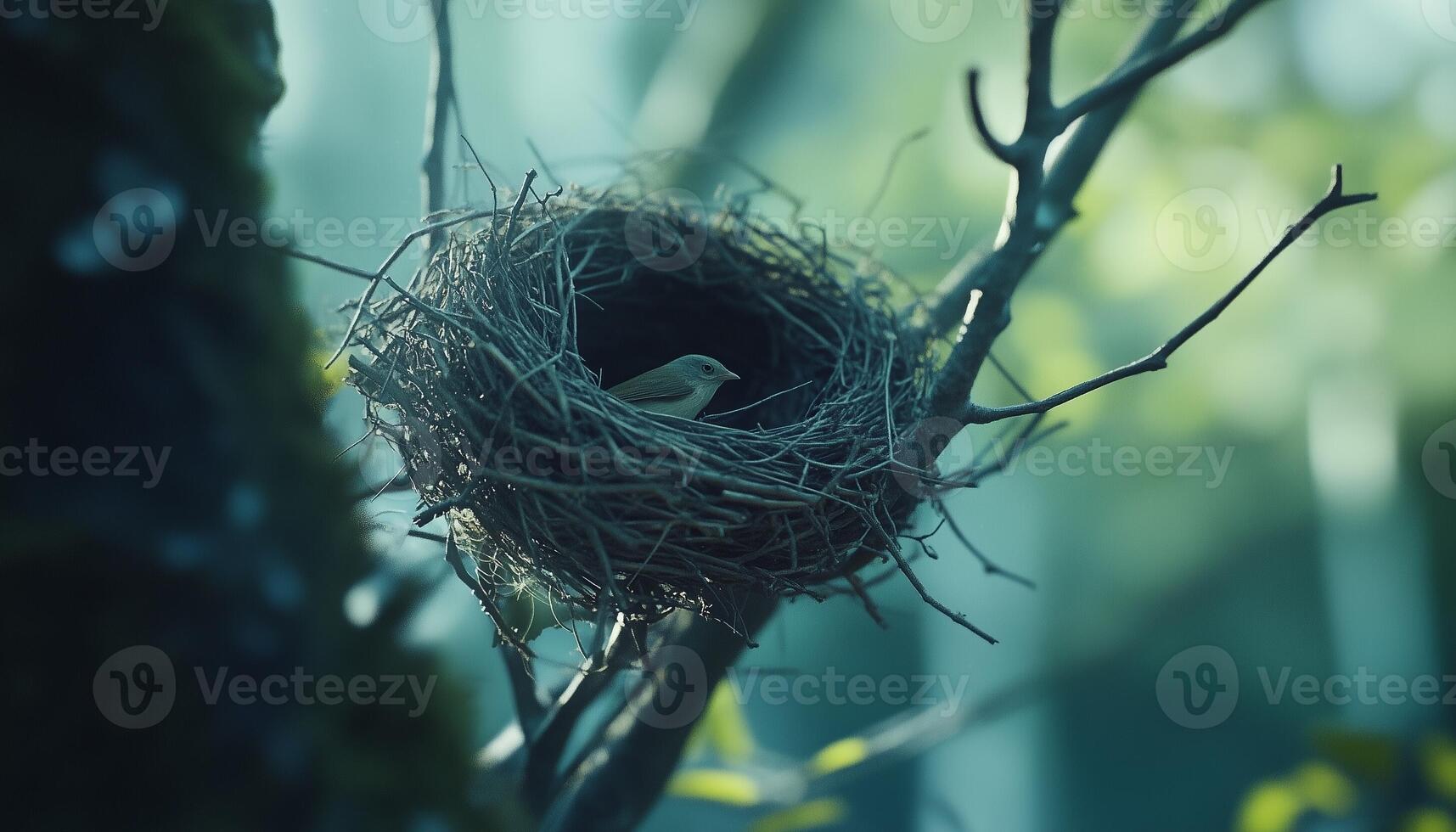 twig animal nest in tree new born house habitat with deep forest blurred background photo