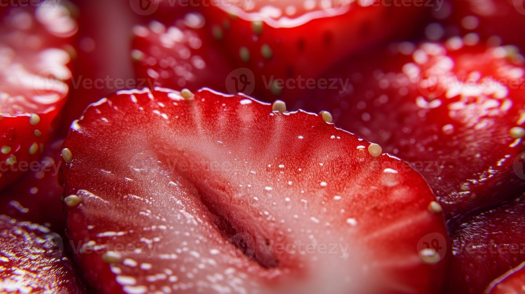 Closeup red strawberry slice focused on texture flesh of fruit photo