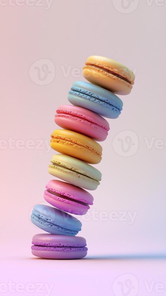 A stack of macaroons cake snack vertical balancing with solid background photo