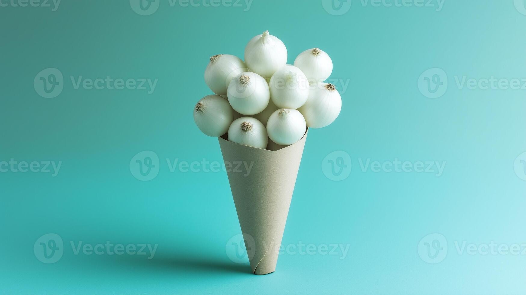 Onion for cooking spices on brown paper wrapping cone from grocery solid background photo