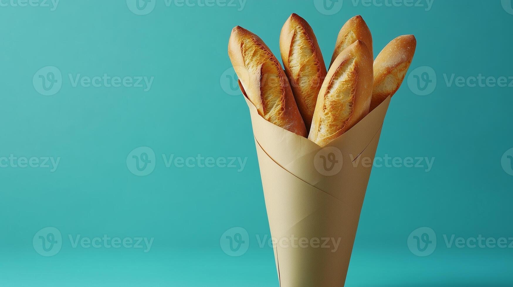 Baguette breads wrapped in brown paper cone closeup solid background photo