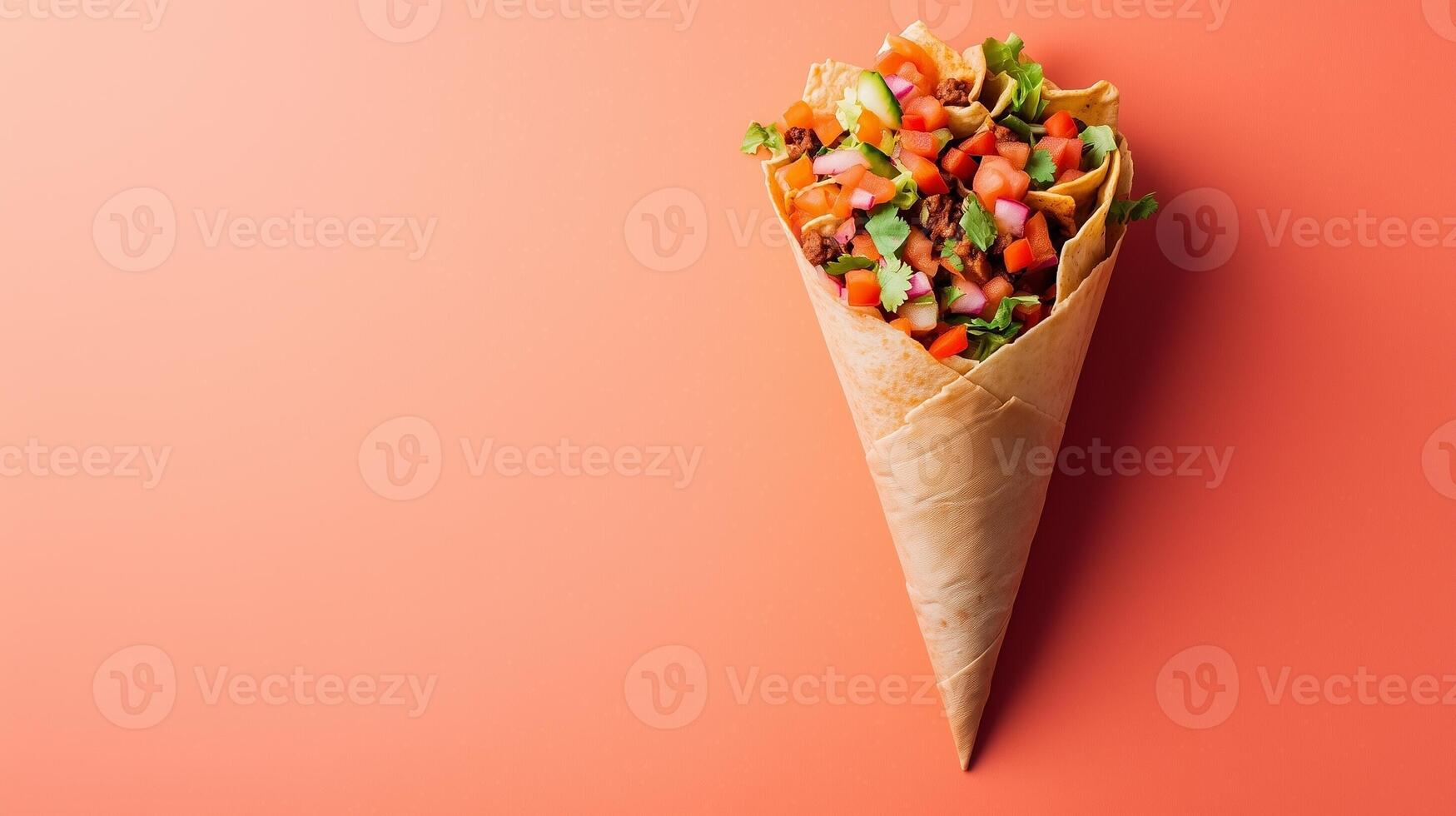 Buritto with vegetable and flat bread on paper wrapped delivery copy space background photo