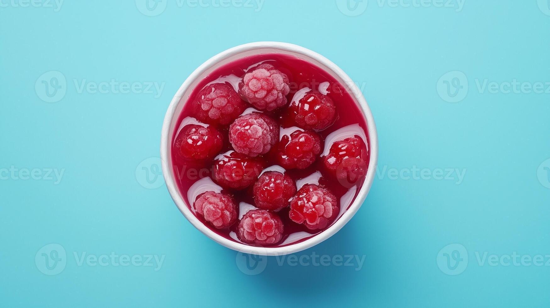 Raspberry fruit jam on paper basket container delivery take away, flat lay copy space photo
