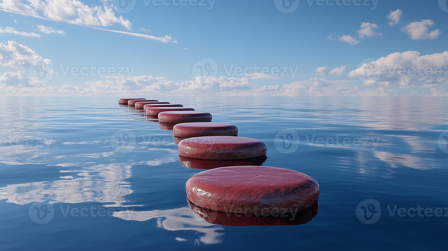 Stepping red stones with texture forwarding in ocean water with blue sky photo