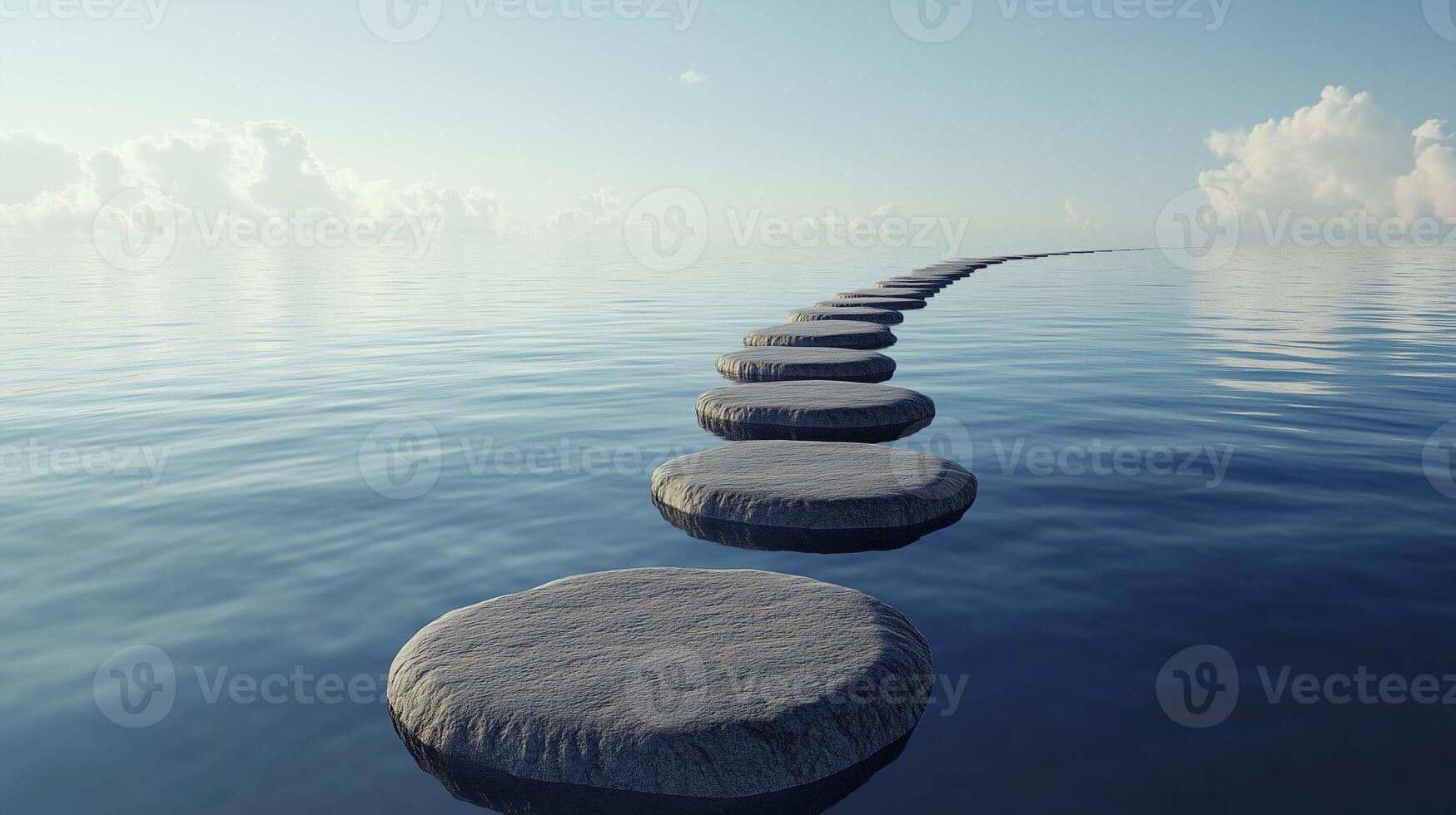 Stepping grey stones with texture forwarding in beach sand and ocean water with bright sky photo