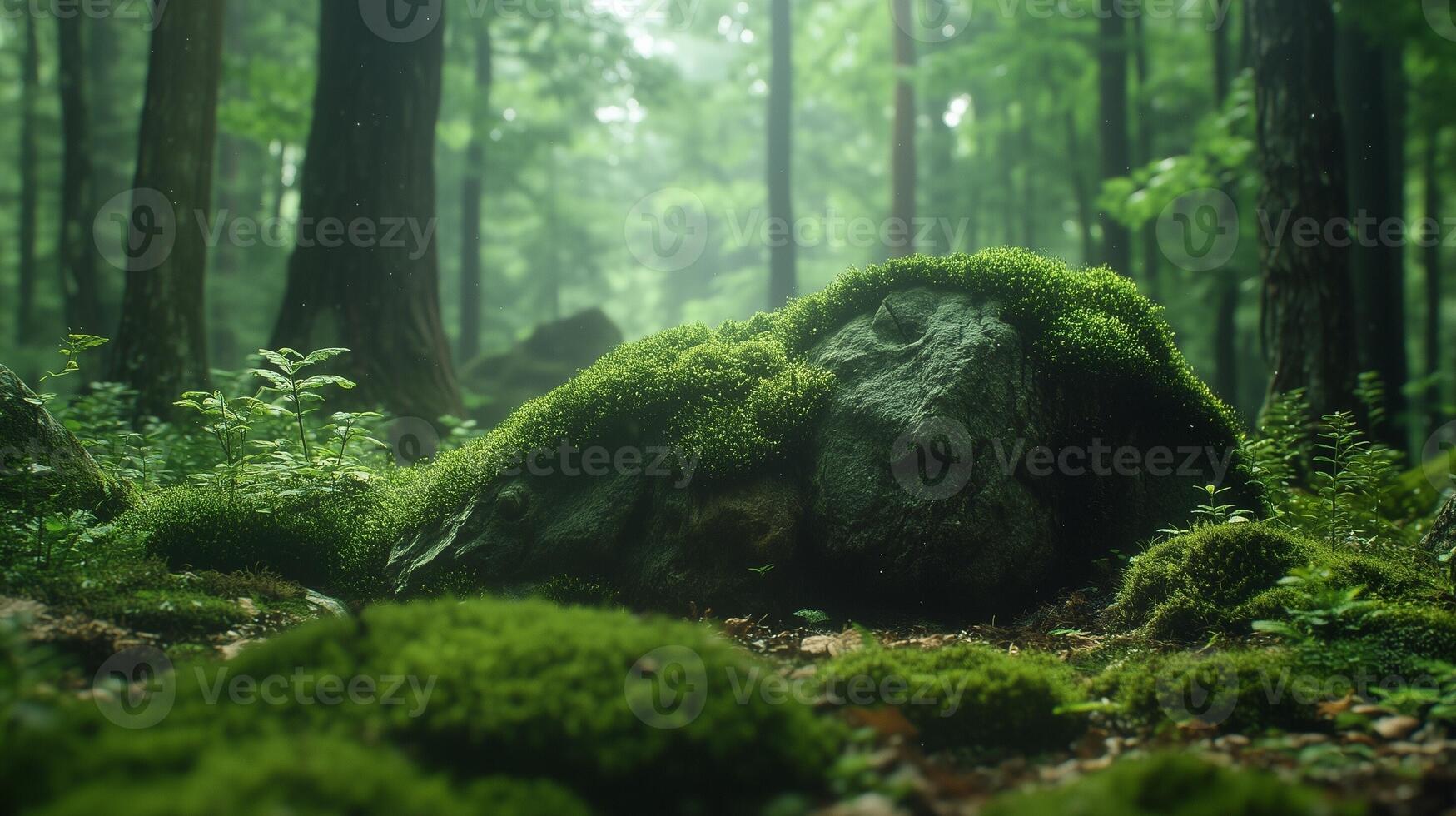 Deep green forest with rocks covered by moss, leaves, grass freshness nature environment photo