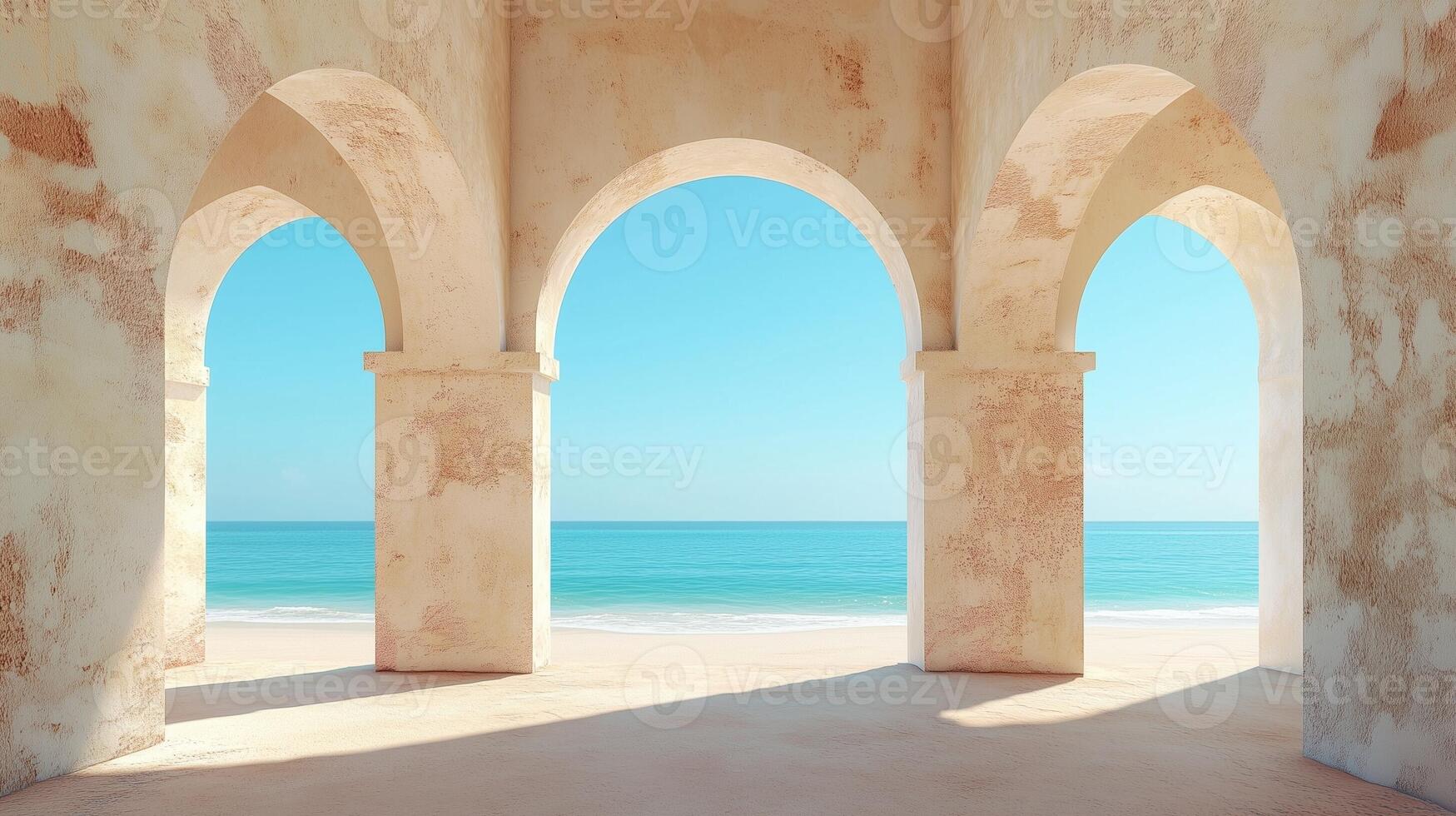 Historical white architectural arches ancient beauty wall gate on sandy beach with sunset sky photo