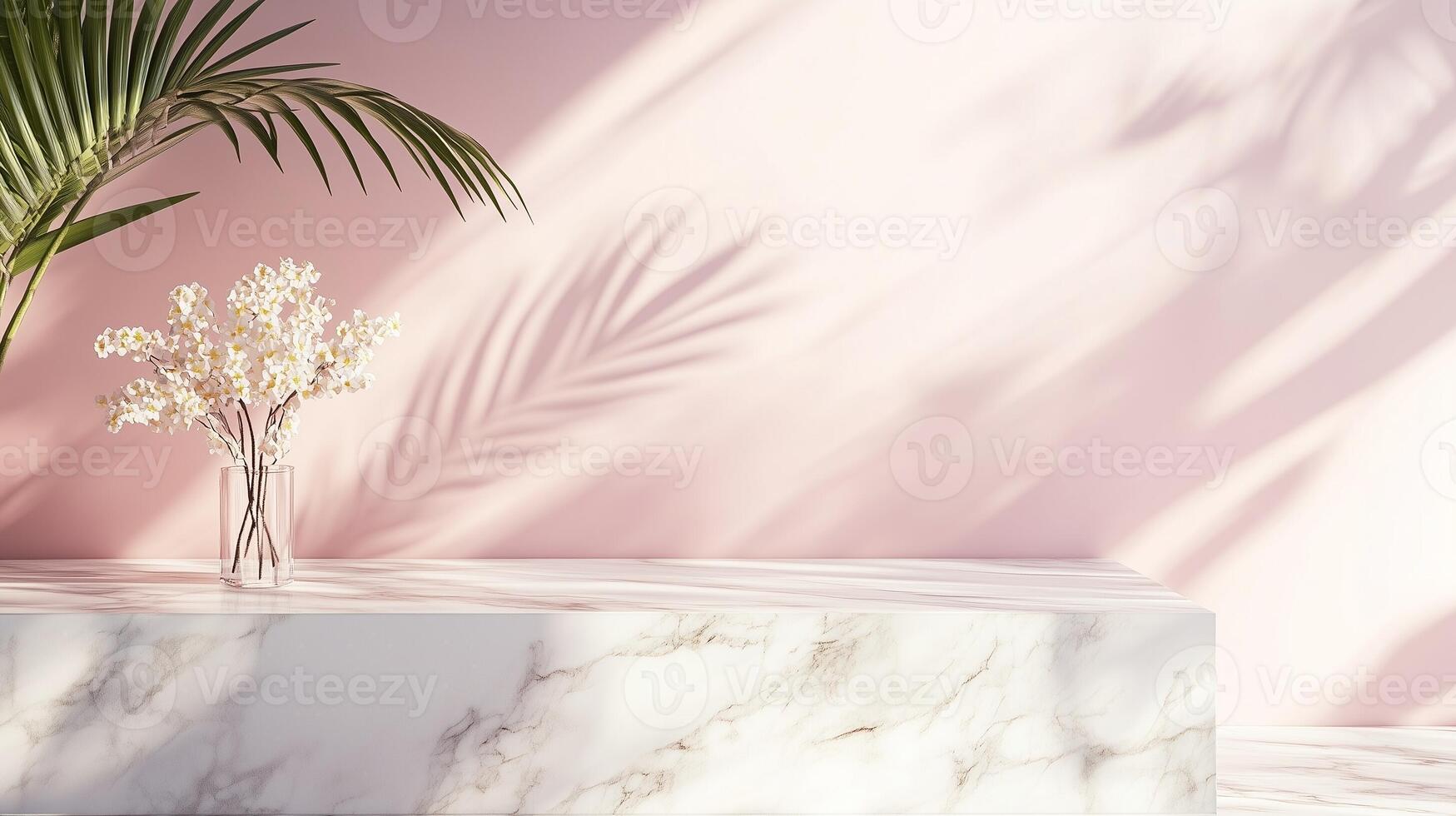Table top white marble counter copy space cement wall with shadow sunlight from flower vas photo