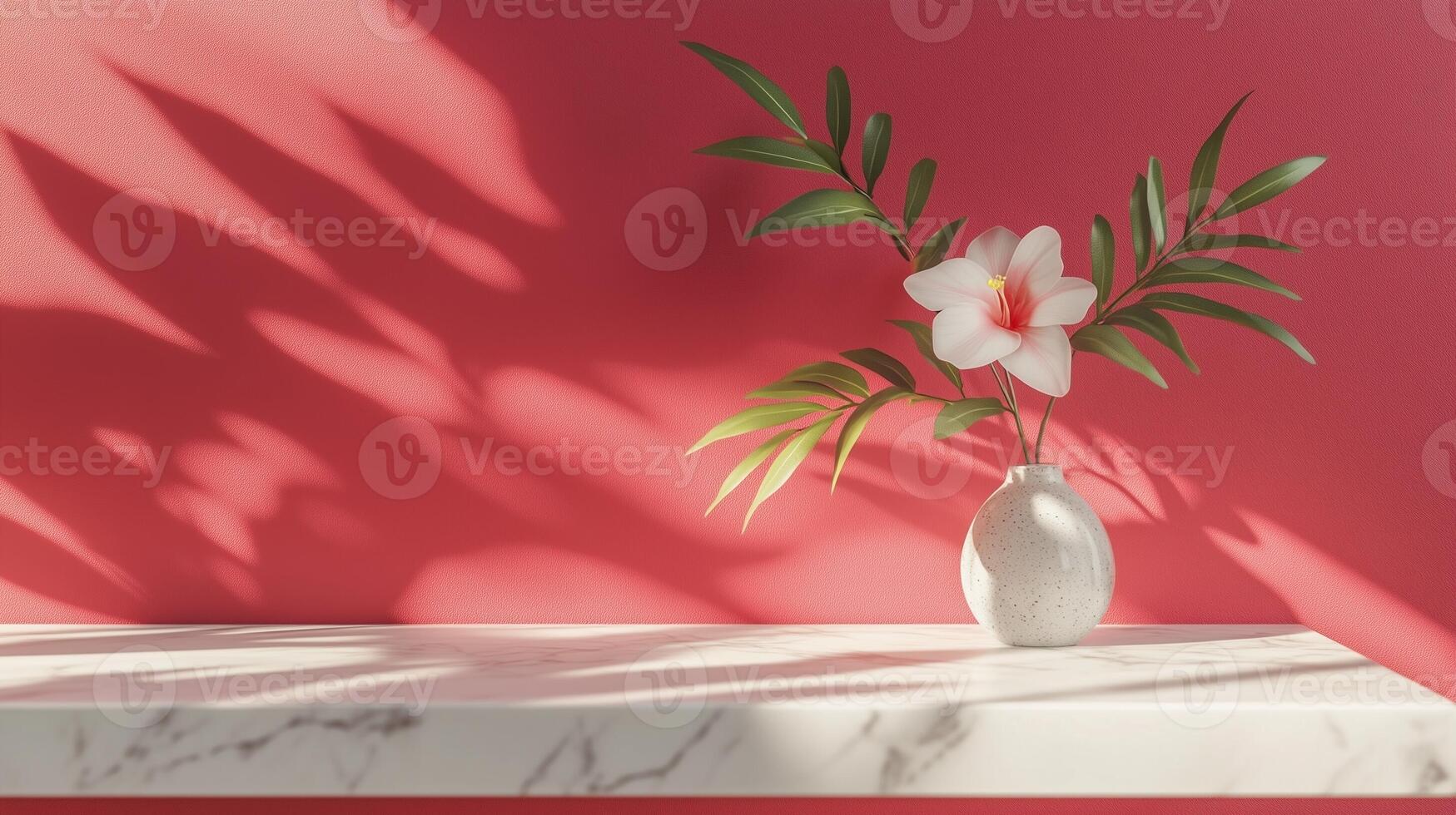 Table top white marble counter copy space cement wall with shadow sunlight from flower vas photo