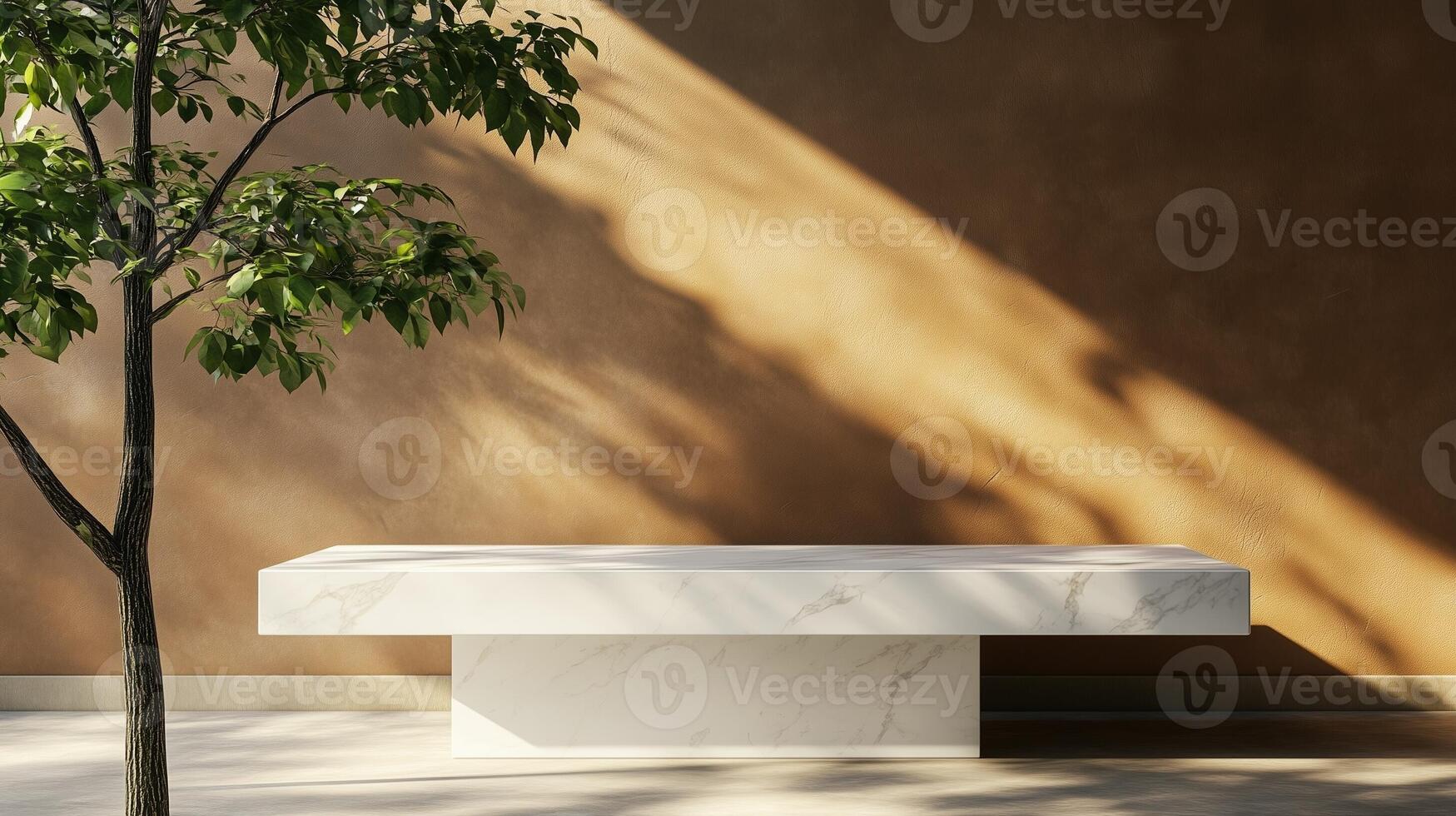 Table top white marble counter copy space cement wall with shadow sunlight from plant photo