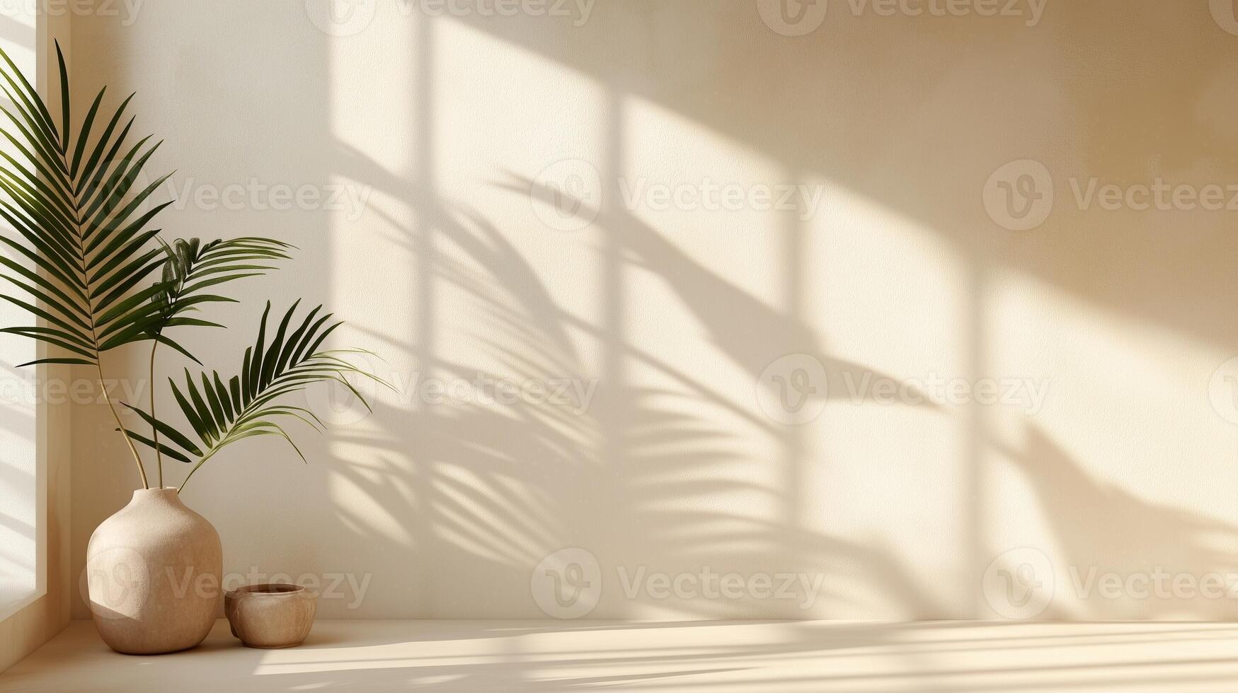Earth tone wall cement blank with sun bright shadow from window and palm tree photo