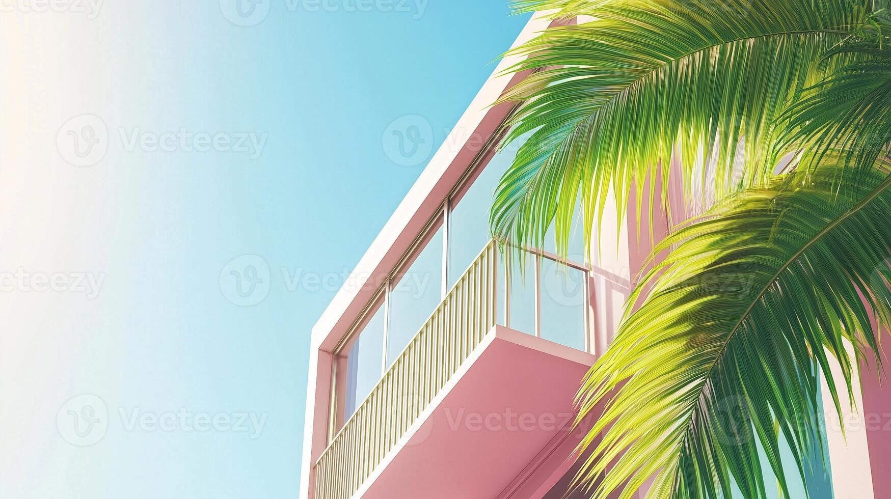 Modern minimalist east style window building with pink tone wall and greenery palm plant decoration photo
