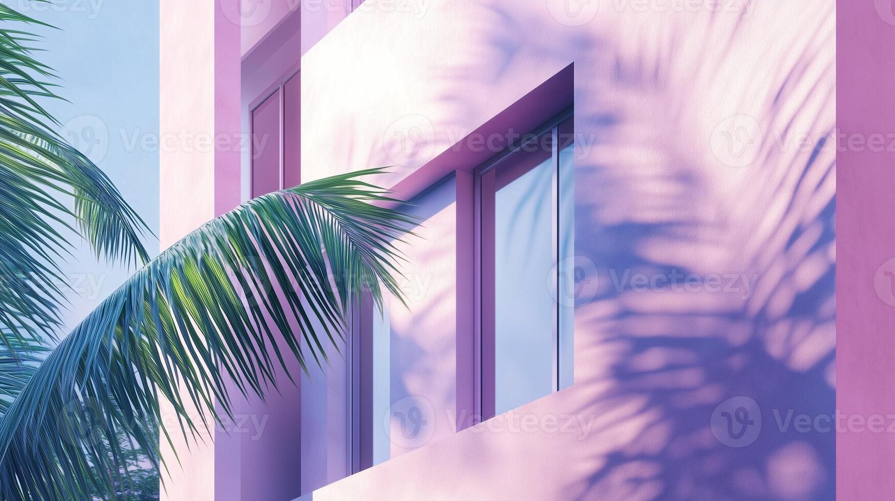 Modern minimalist east style window building with purple tone wall and greenery palm plant decoration photo