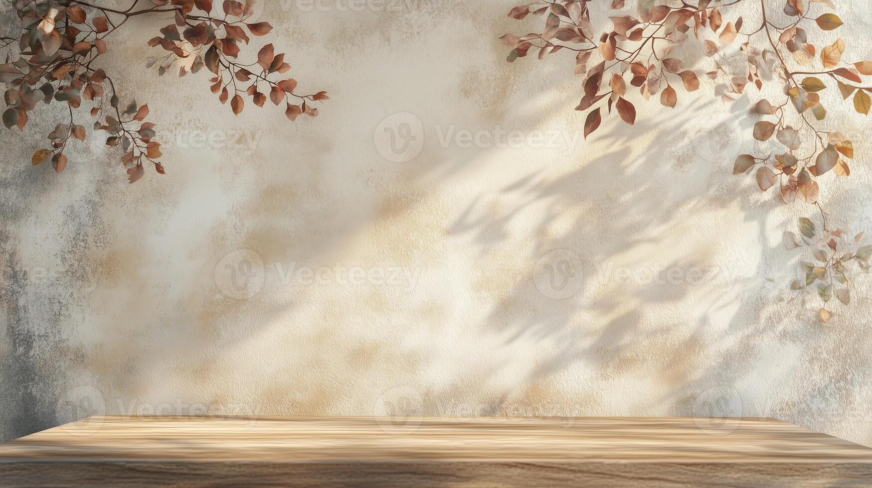 Minimalist wooden table against concrete textured beige wall with shadow light plant photo