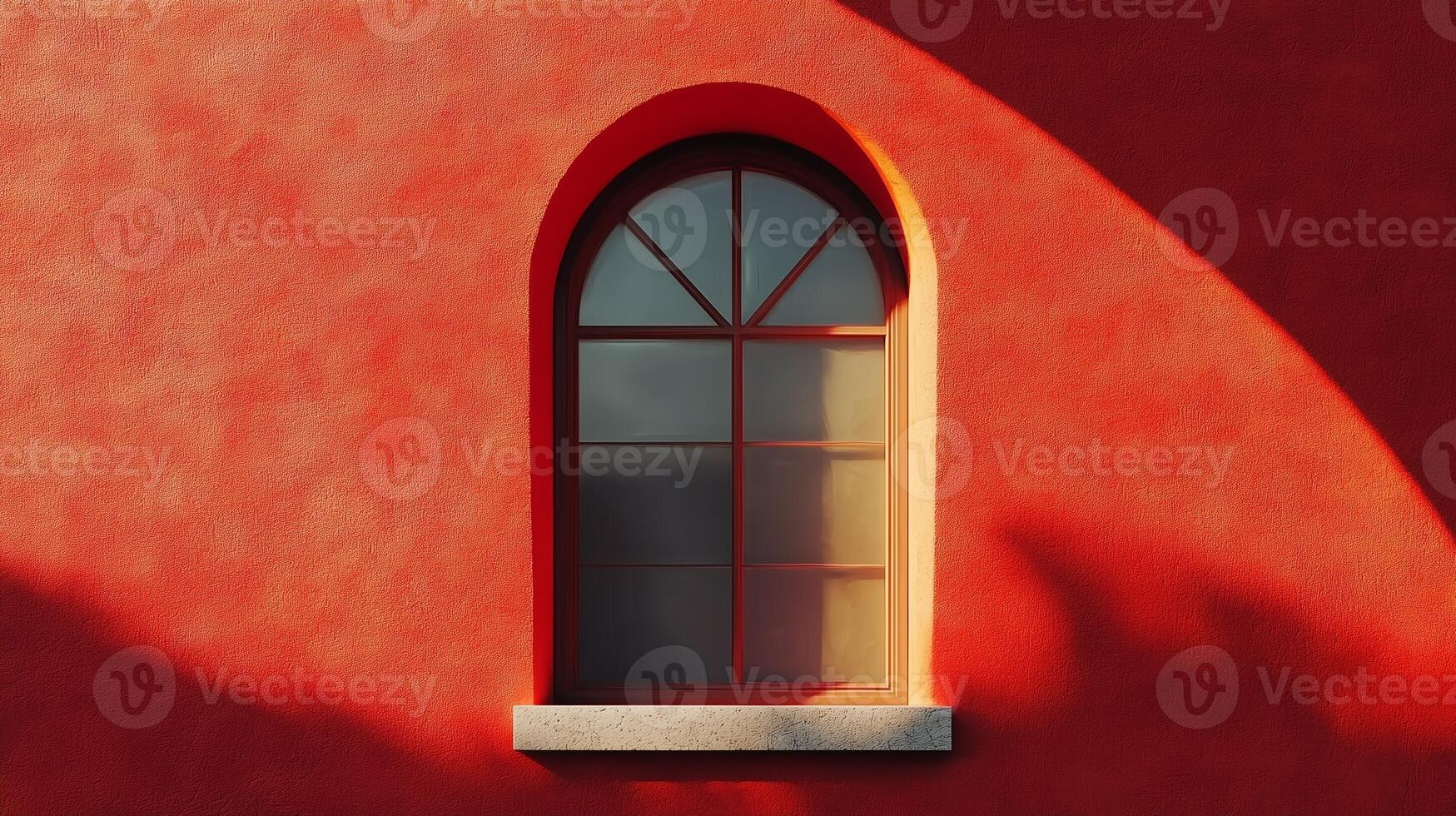 Aesthetic arch window shape on red wall with shadow leaves tree classing building architecture photo