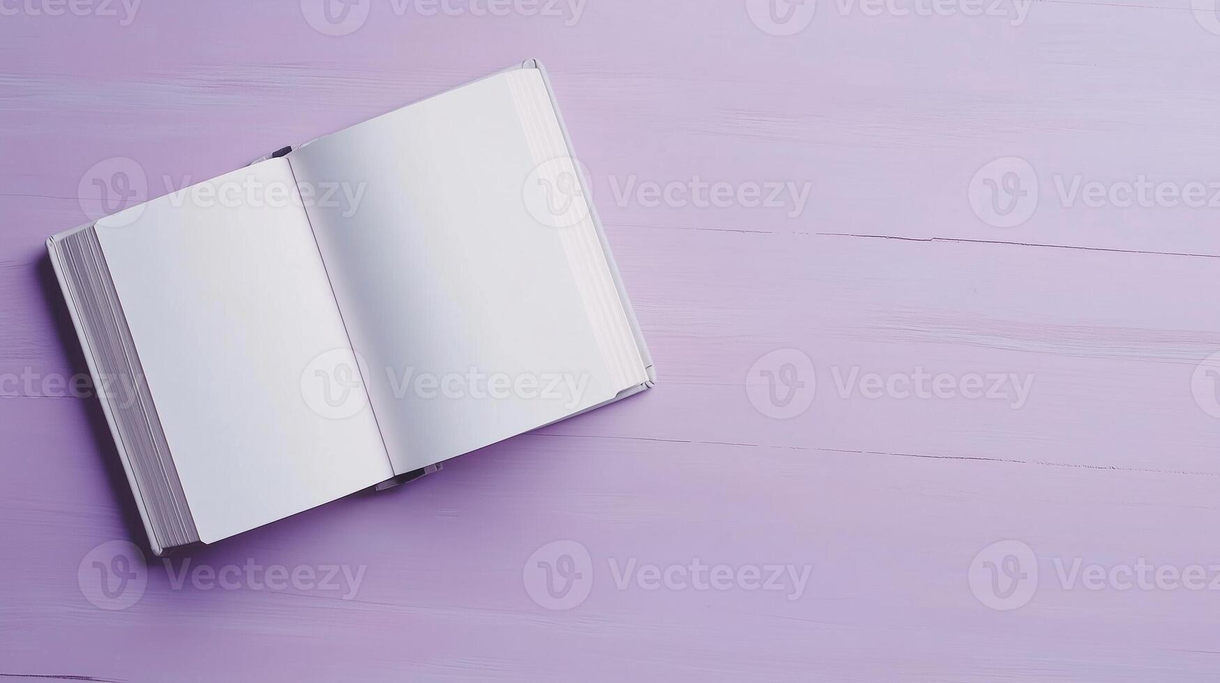 Blank white open book for texting information and purple copy space background photo