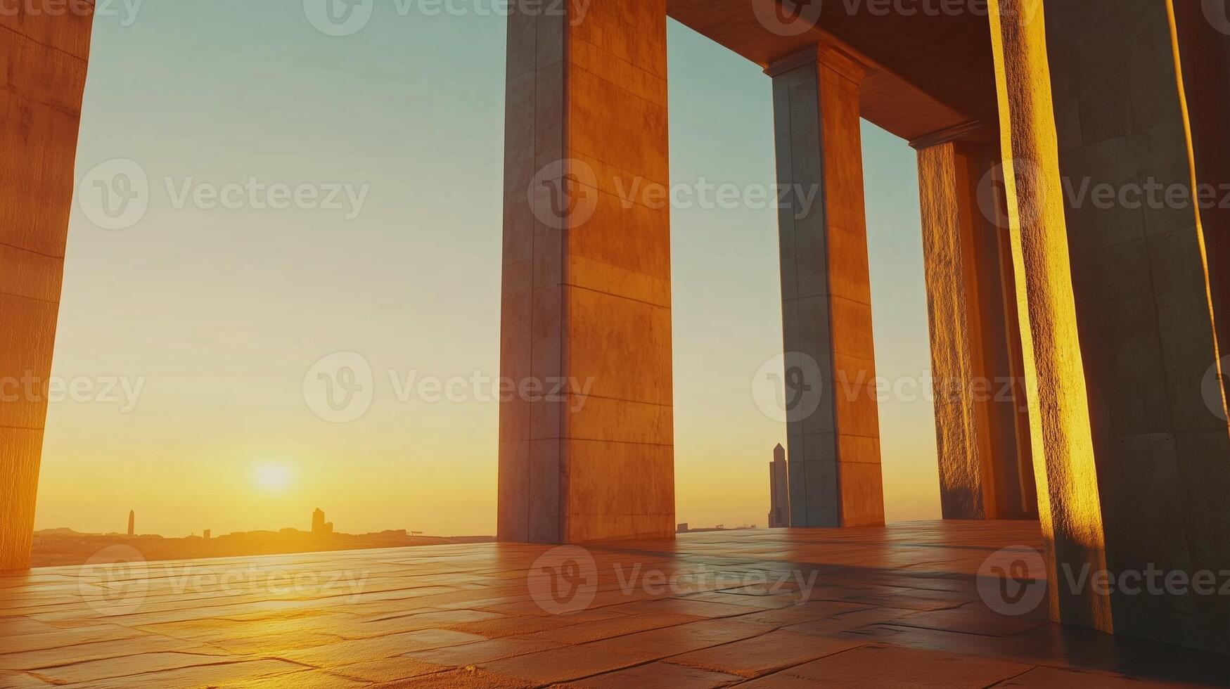 Stone columns concrete texture pillar classical building exterior with sunset sky photo