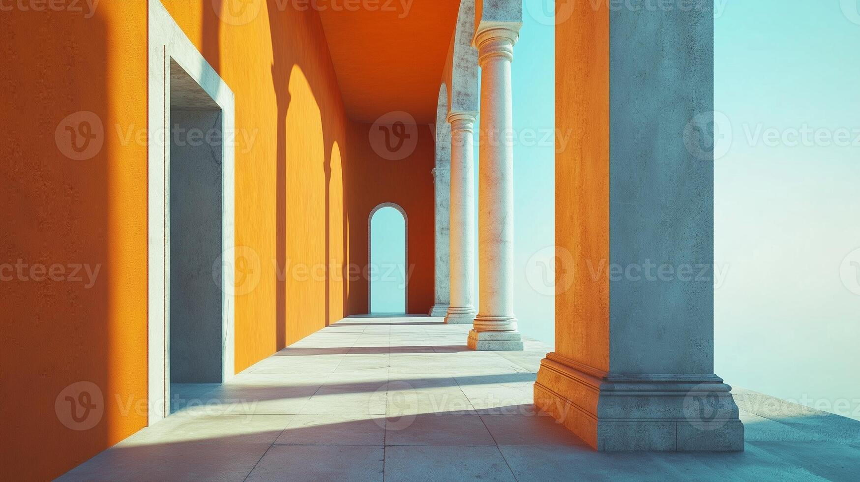 Stone columns concrete texture pillar classical building exterior with sunset sky photo
