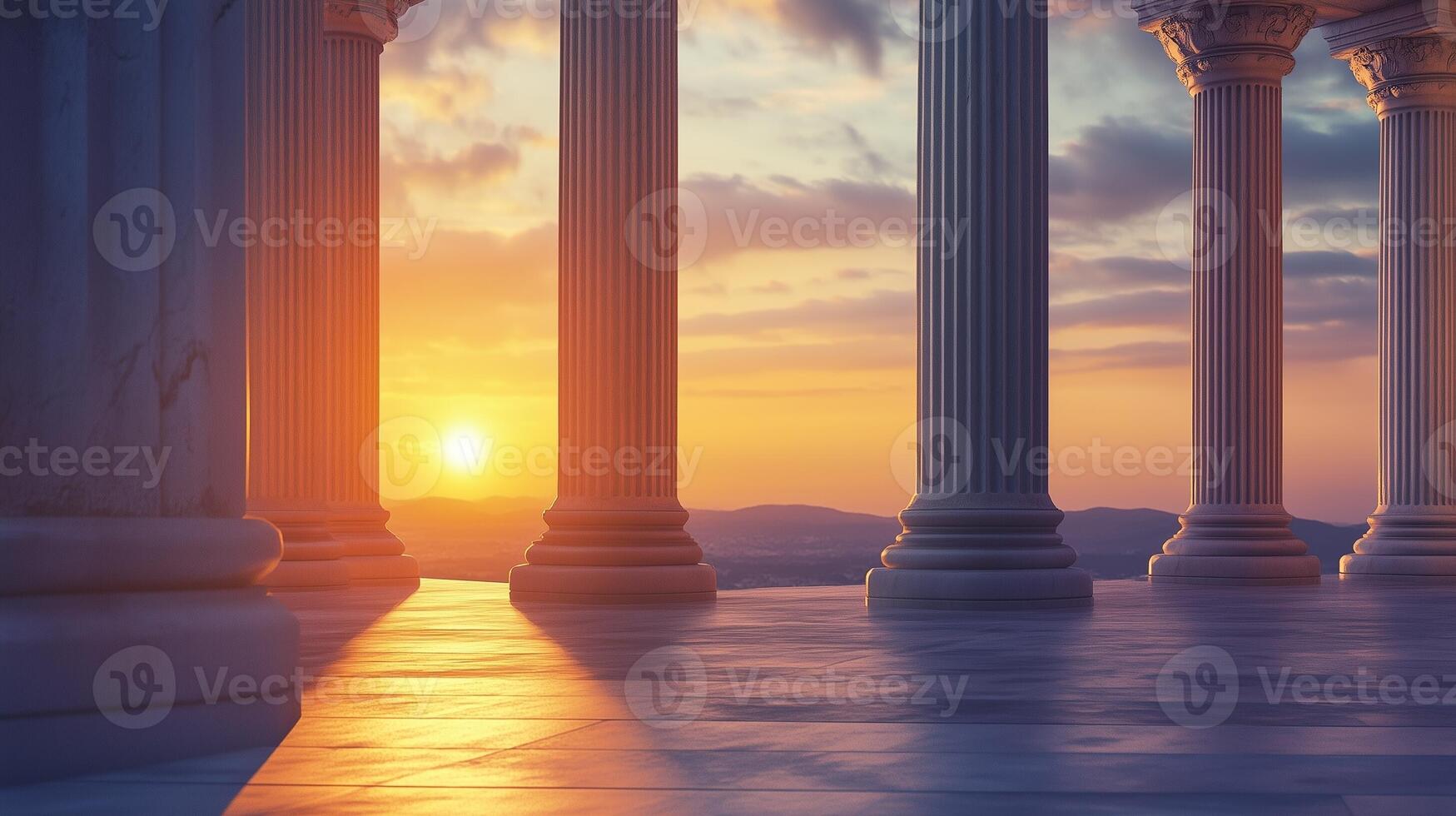 Stone columns concrete texture pillar classical building exterior with sunset sky photo