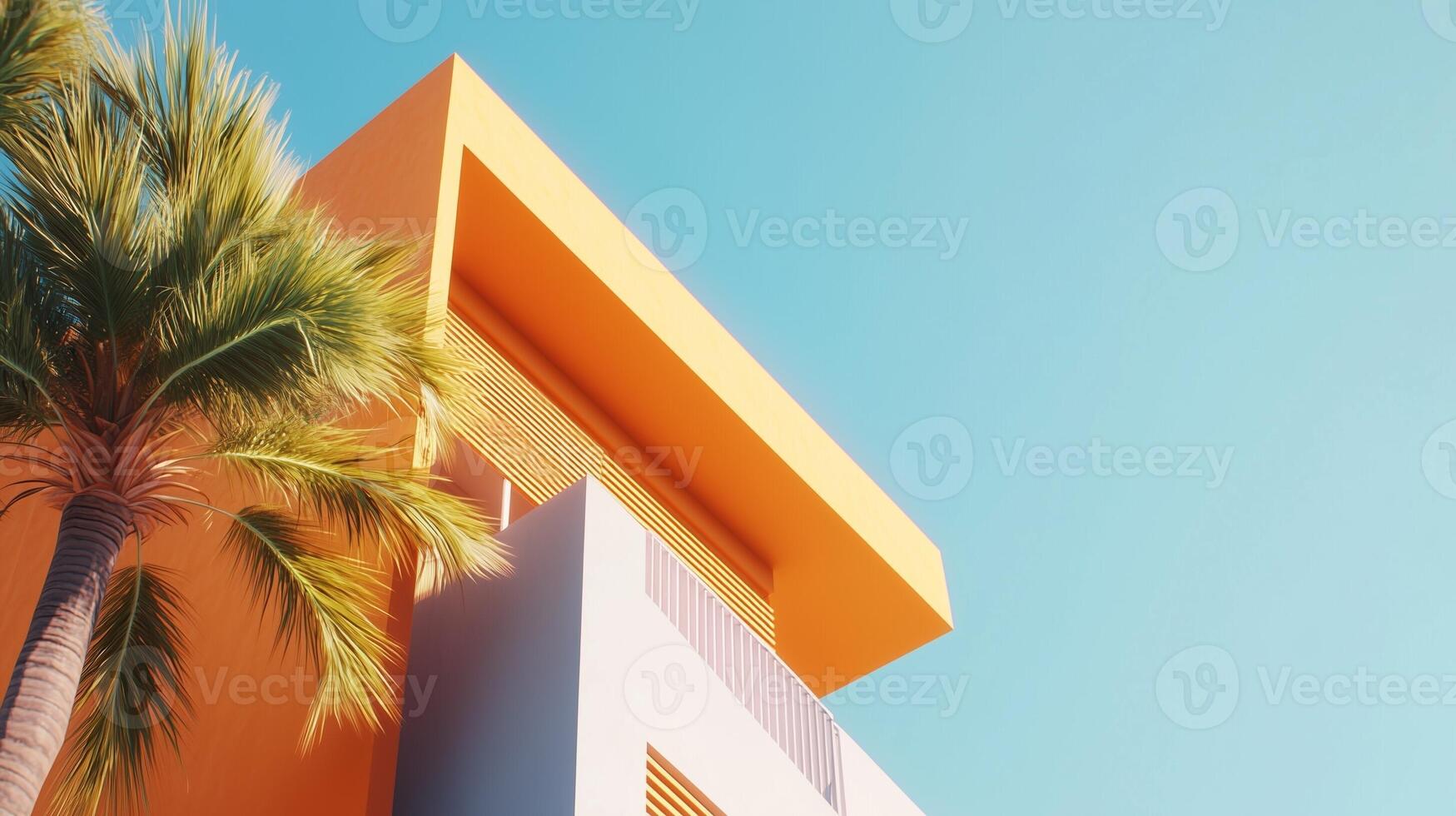 Simple minimal style modern building with yellow fresh, palm tree tone and blue sky, bottom view photo
