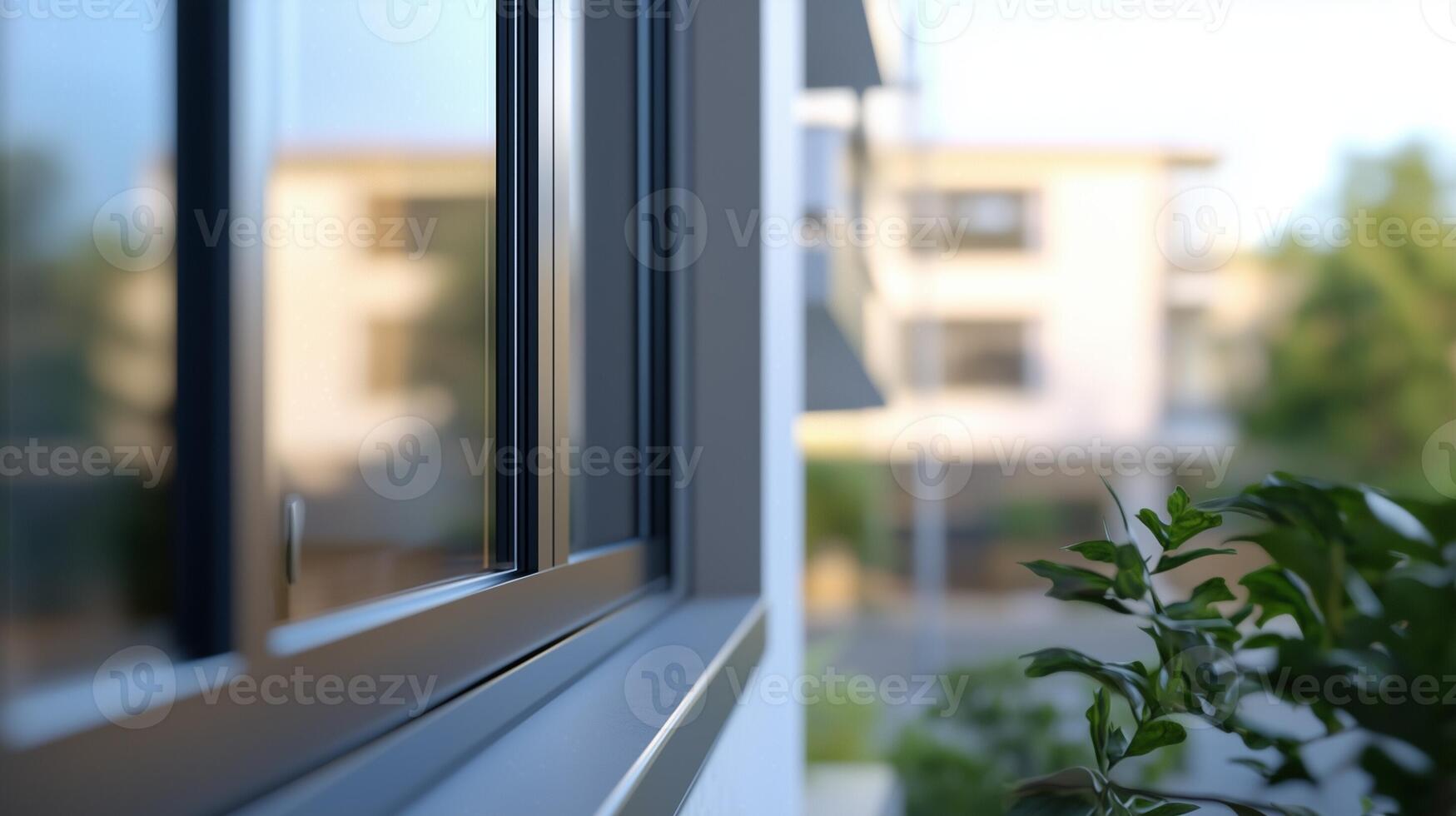 Window glass brown metal frame in house with blurred green garden photo