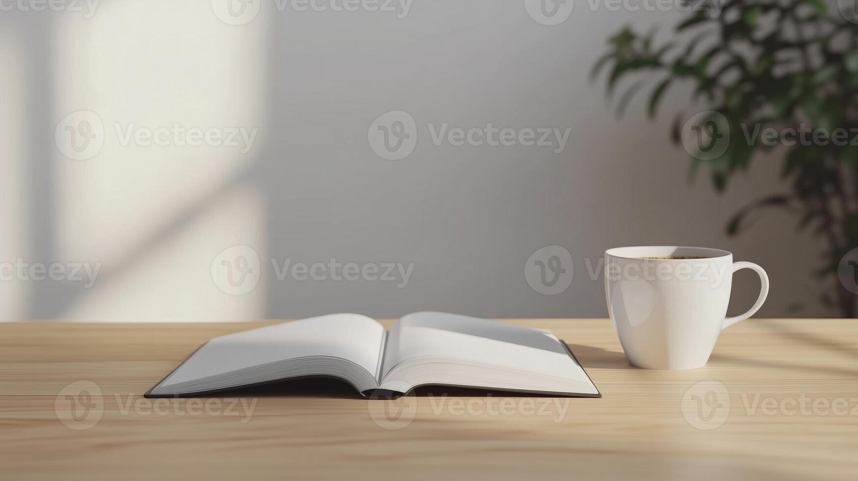 Open blank white paper book on wooden table side view copy space background photo