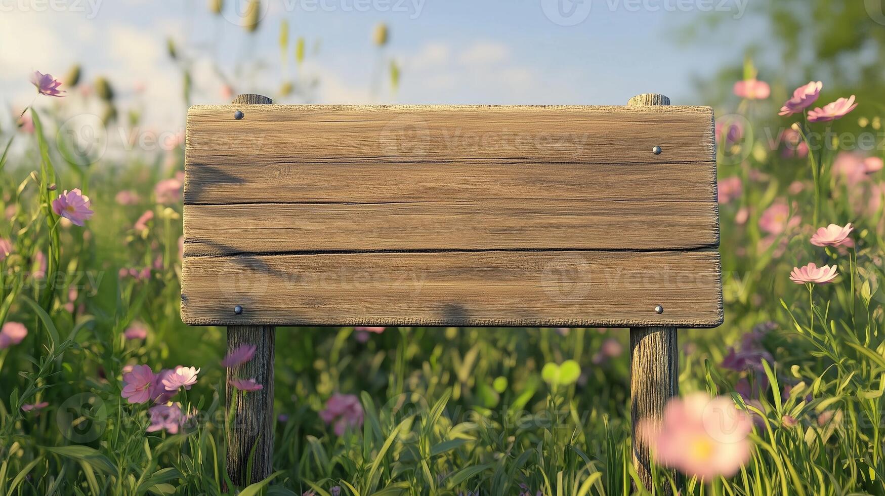 Blank wooden trunk board for label information important in primrose flower botanical garden photo