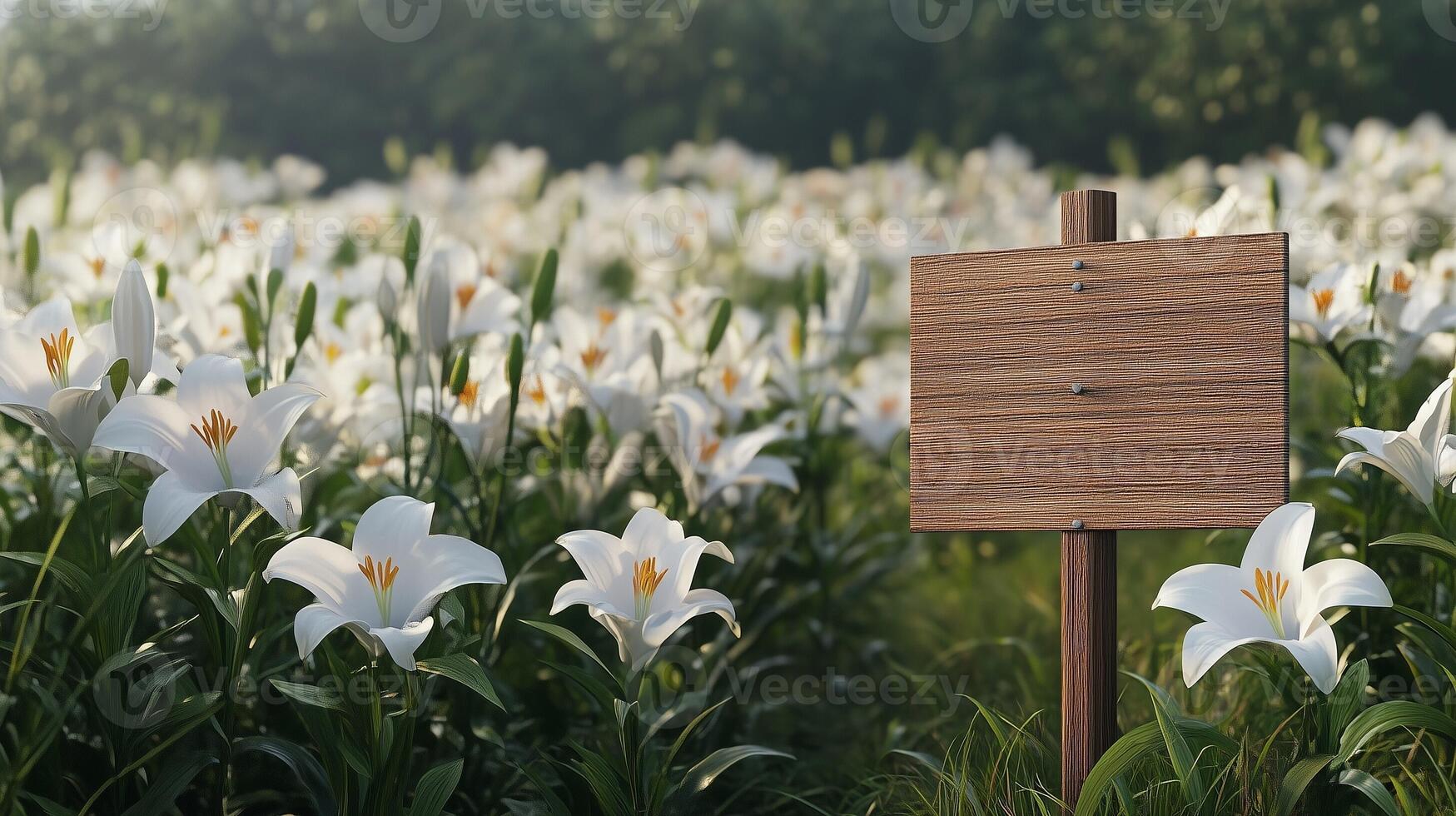 Blank wooden trunk board for label information important in white lily flower botanical field garden photo