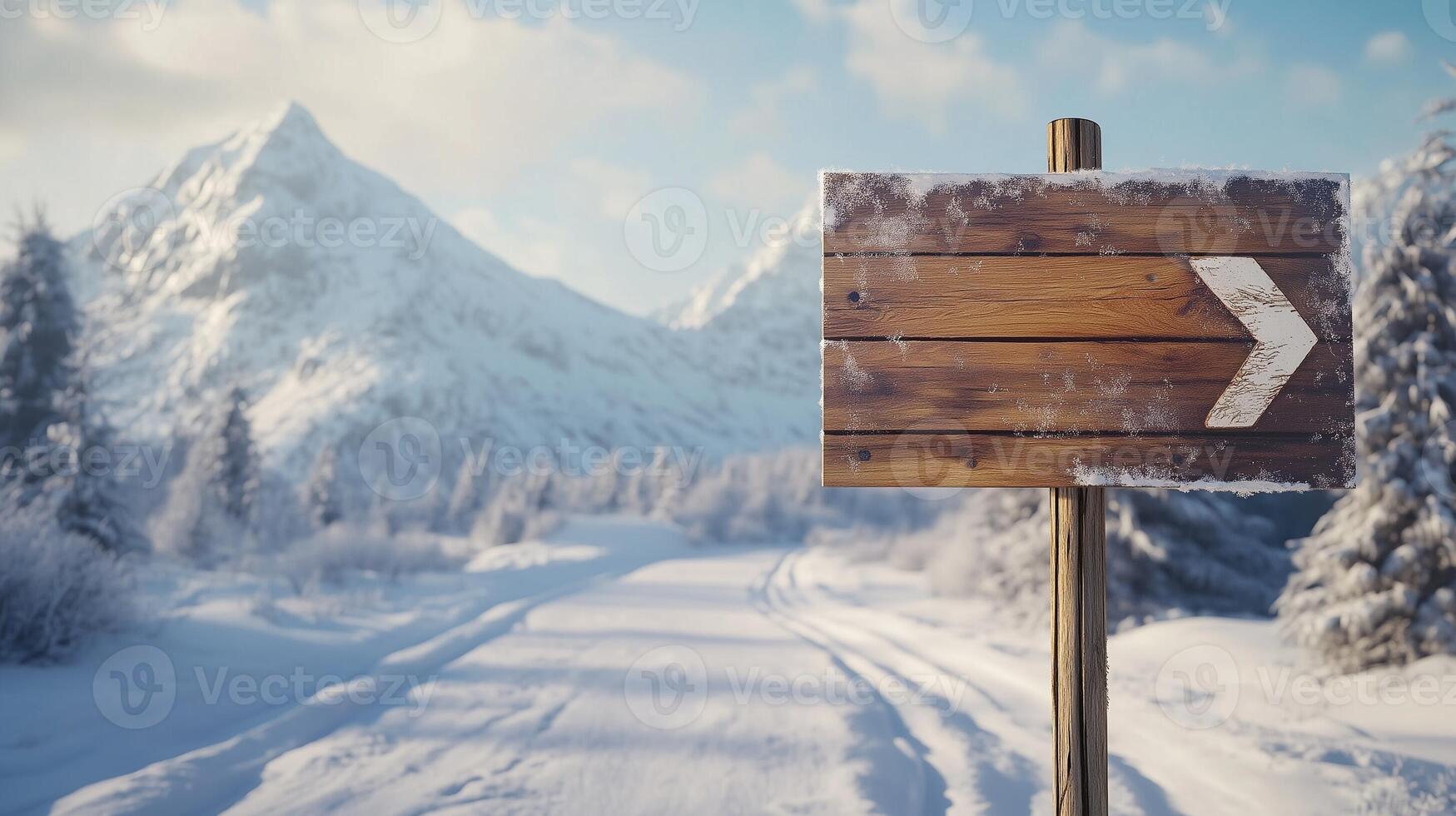 Wooden brown plank sign in winter road guiding direction of destination photo