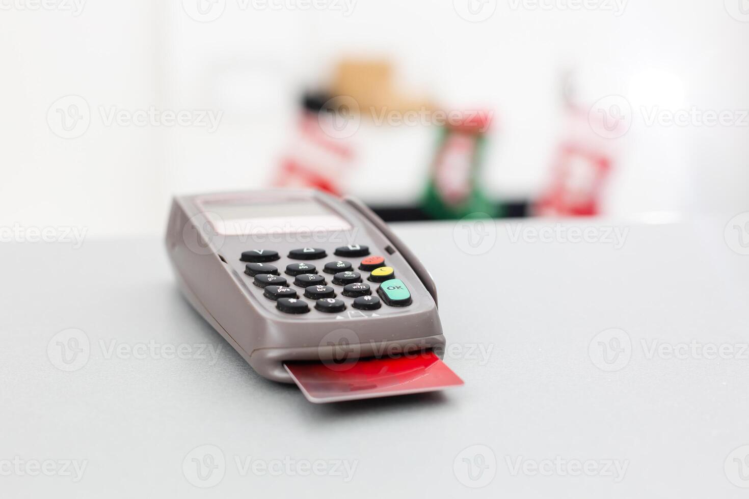 credit card terminal, credit card on table background photo