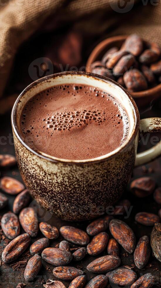 A cup of hot chocolate made from pure cacao, surrounded by cocoa beans, evokes warmth and comfort. rich texture and deep color invite indulgence and relaxation photo
