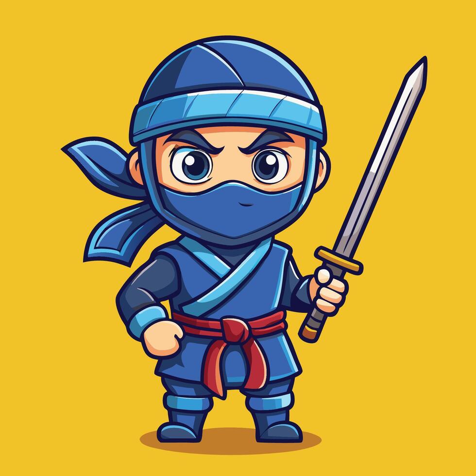 Adorable Ninja Warrior Armed with a Katana Sword in Cartoon Style vector