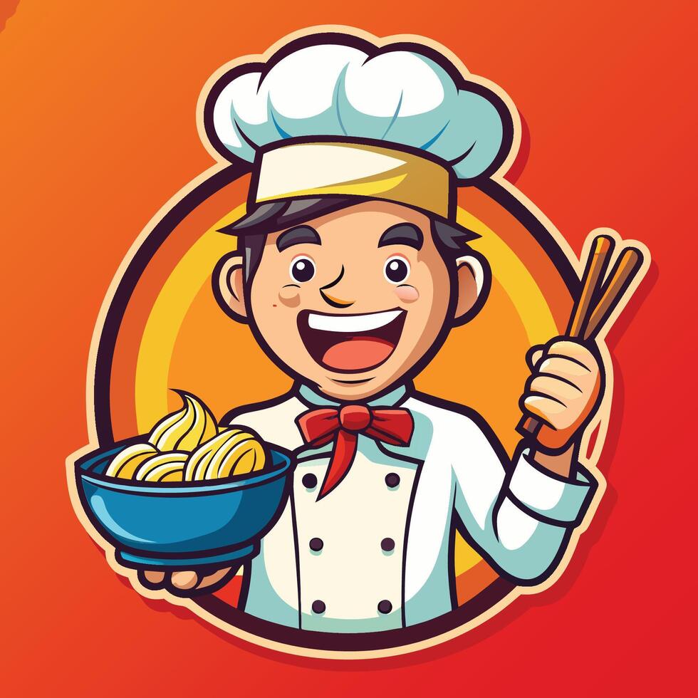 Chef holding chopsticks and bowl of noodles vector