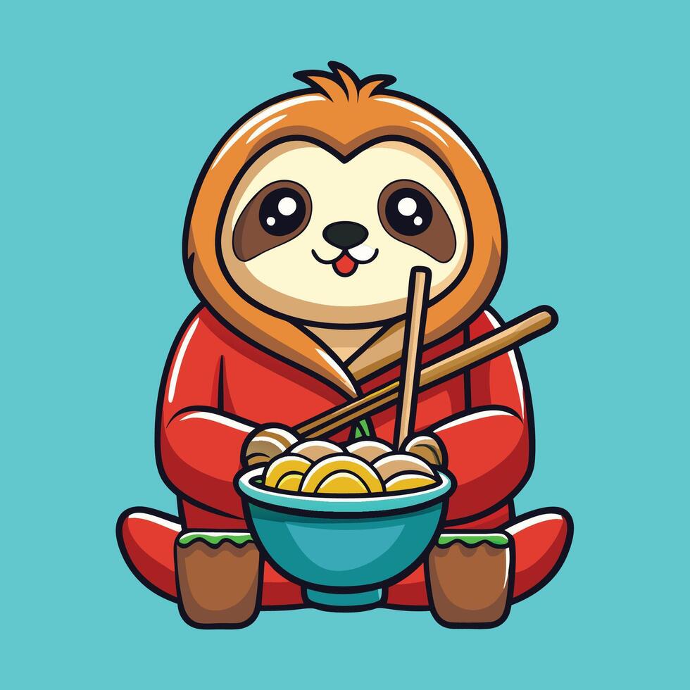 Adorable Sloth Savoring Ramen Noodles with Chopstick vector
