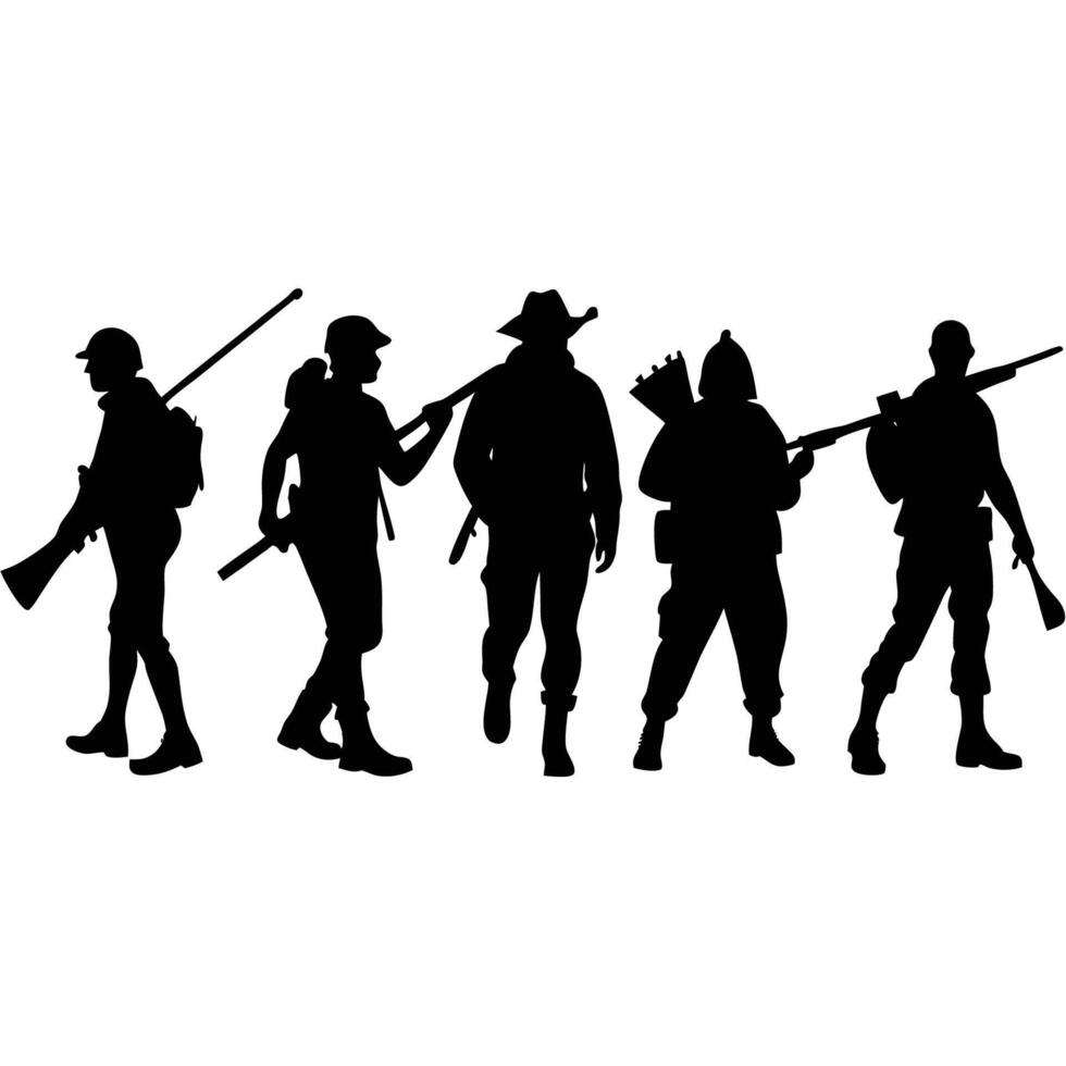 Silhouette Set of Six Hunters Aiming Rifles Against Sky Background vector