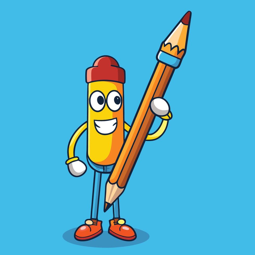 A cartoon pencil character holding a large pencil vector