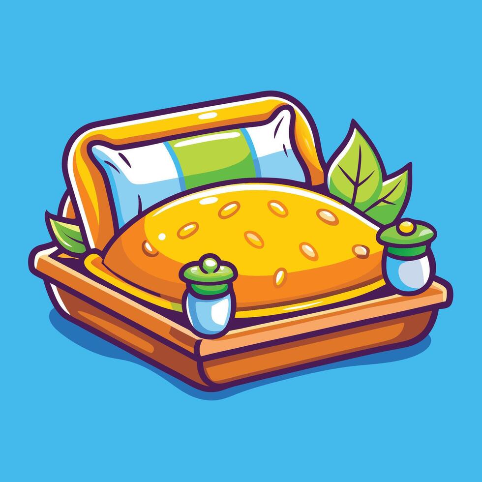 A cartoon bed with a pillow and a plant vector