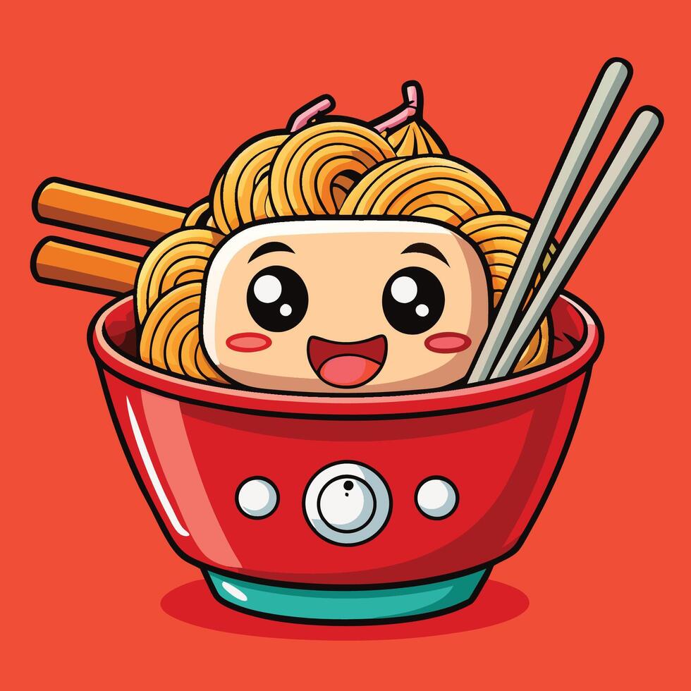 A cartoon character eating noodles in a bowl vector