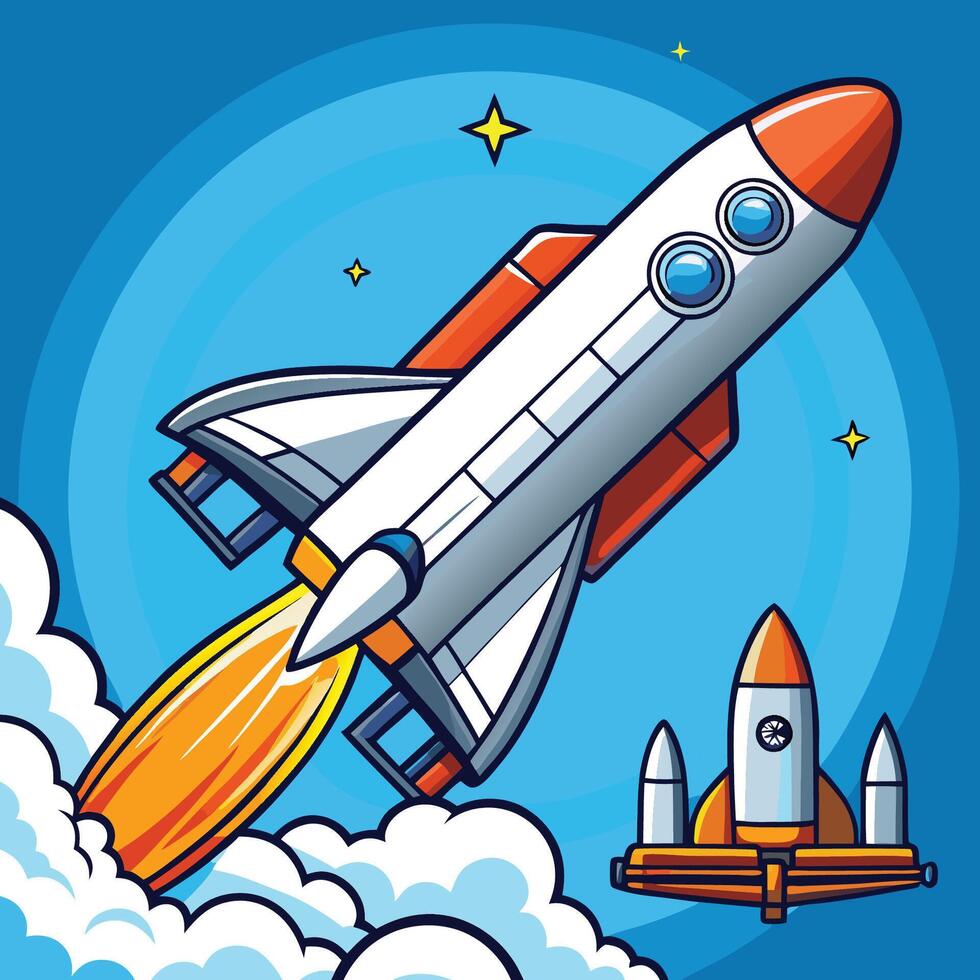 Cartoon rocket launching into space vector