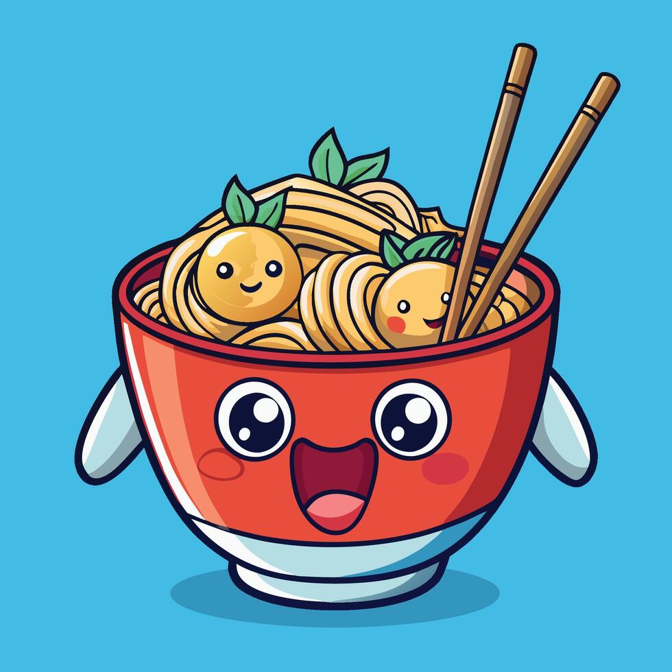 A cartoon bowl of noodles with chopsticks and a smile vector