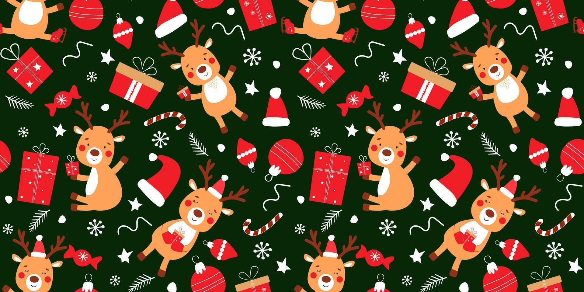 Seamless pattern with festive winter decor, cute deer, gifts, snowflakes. vector