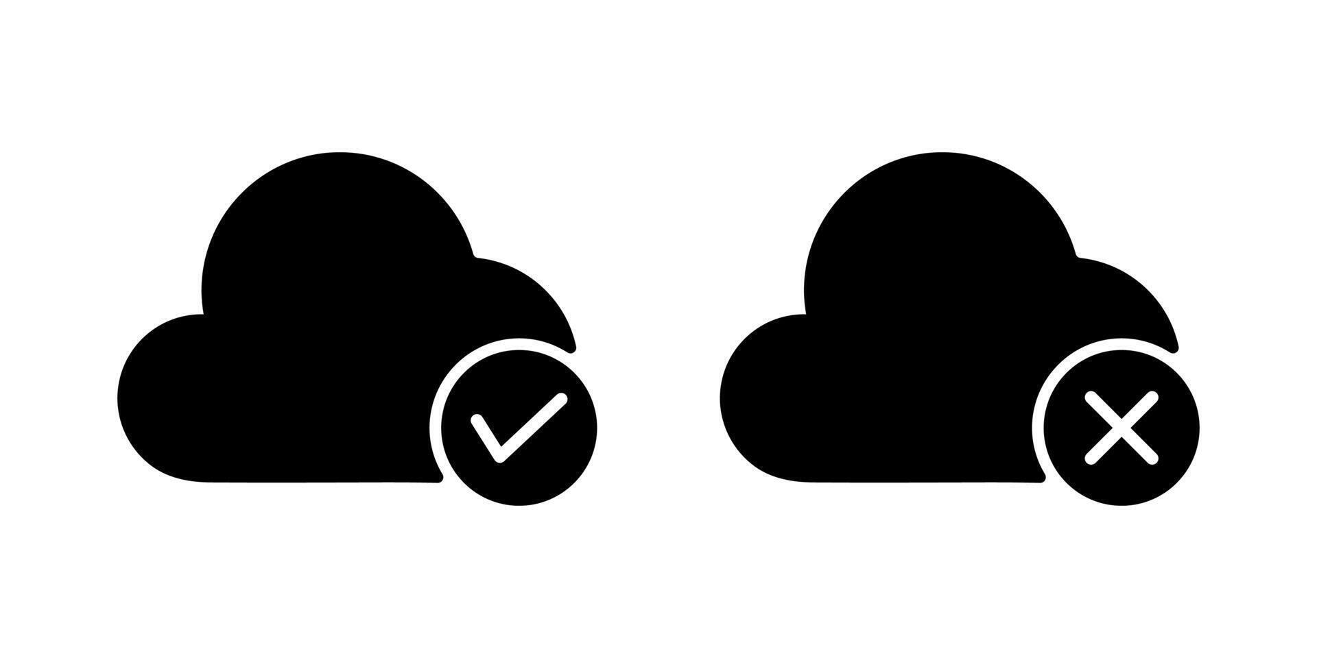 Cloud with plus mark and cloud with minus mark icon. Cloud data add, insert and cloud data remove, delete, discard concept solid black icon vector